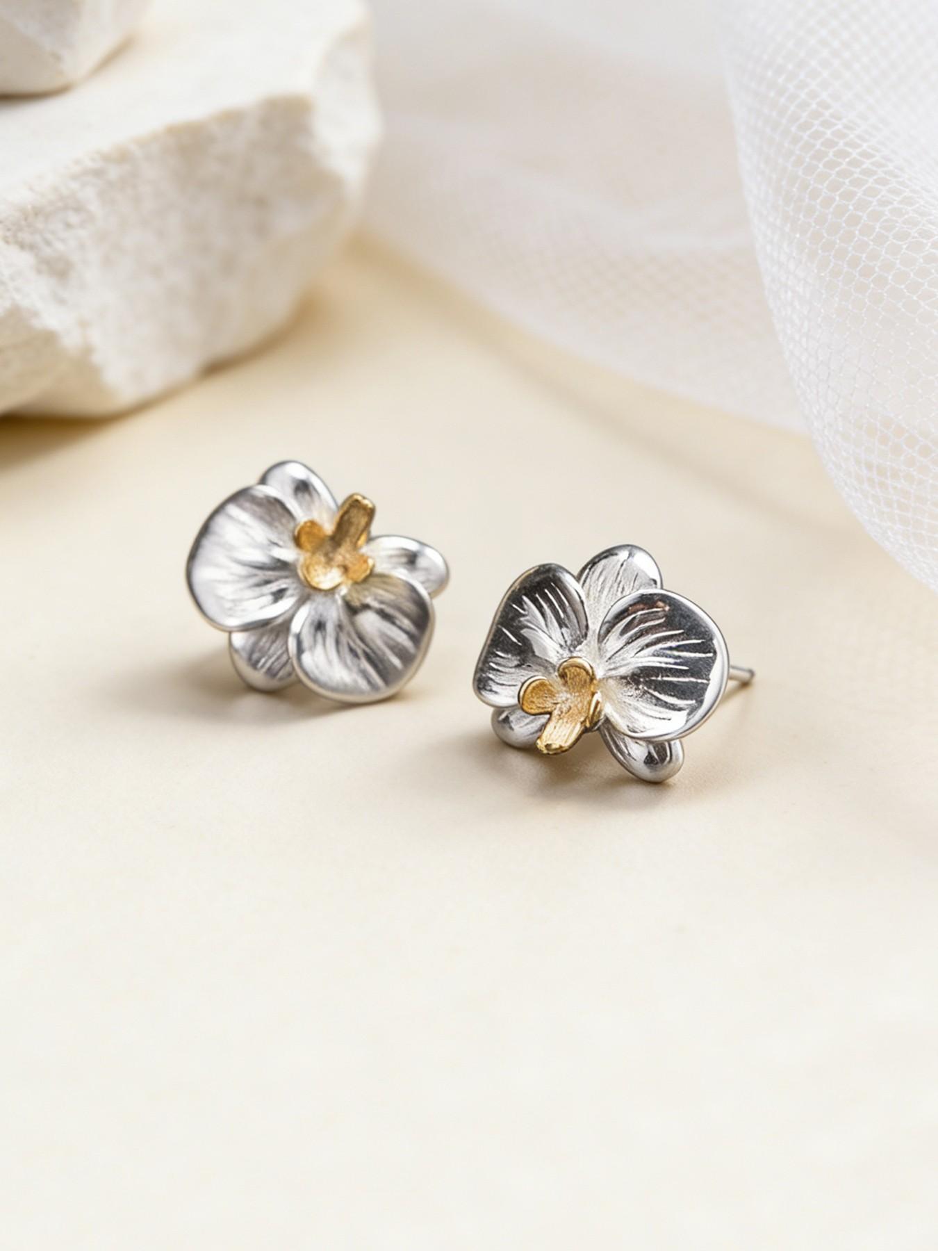 New Traditional Orchid Earrings, Literary Cold Sensation 3D Floral Design, S925 Silver Color Flower Ear Jewelry, Includes Elegant Gift Box