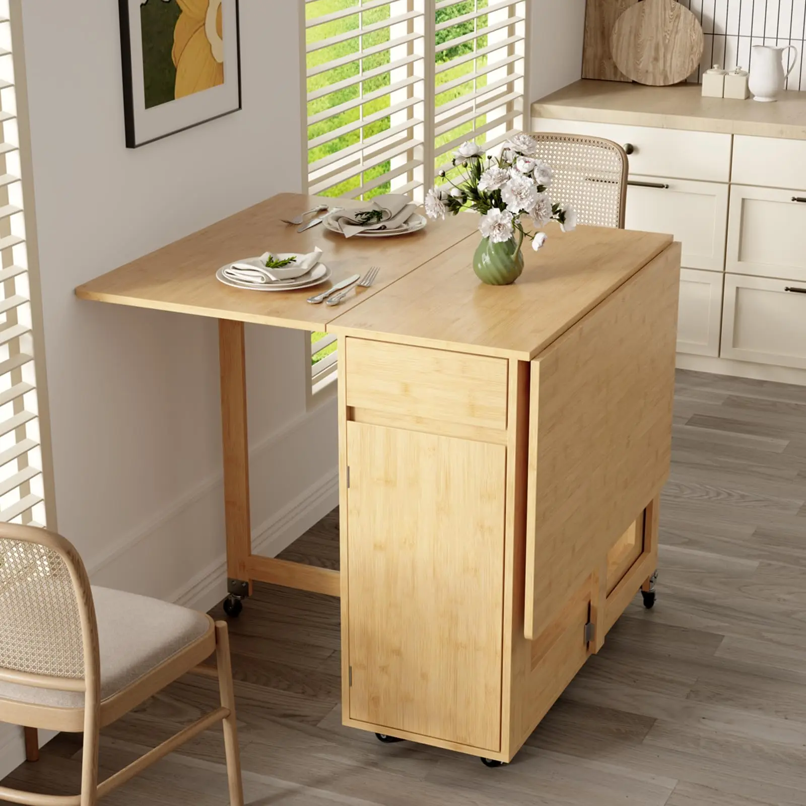 Wooden Folding Drop-Leaf Dining Table, Space-Saving Extendable Size Modern Furniture with 6 Wheels, Seats 4-6 for Small Spaces, Modern Home Decor (Only Table)