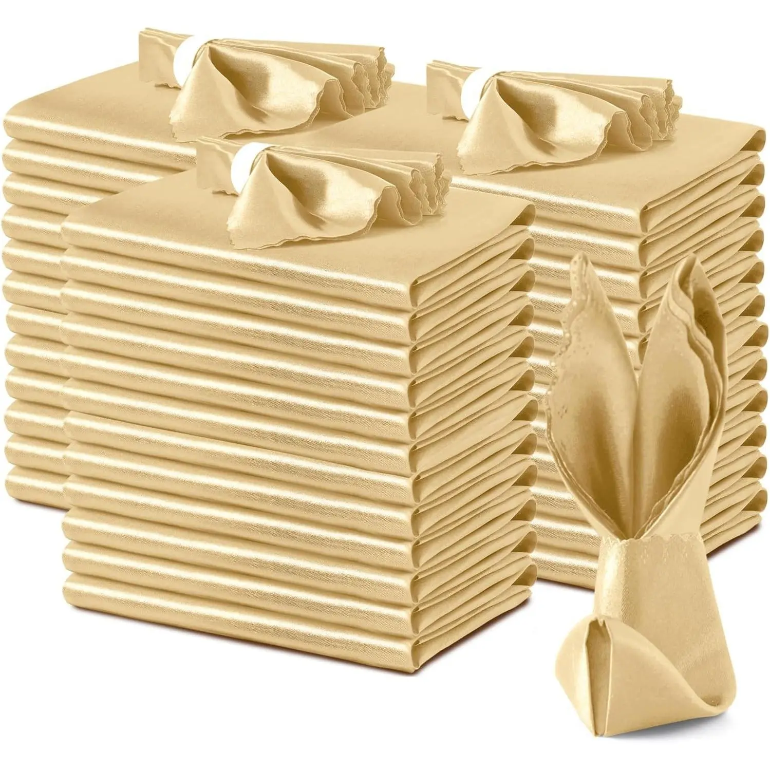 100 Pack Gold Satin Scalloped Square Napkins, 17x17 Inch, Wedding & Party Napkins, Luxury Satin Fabric, Machine Washable