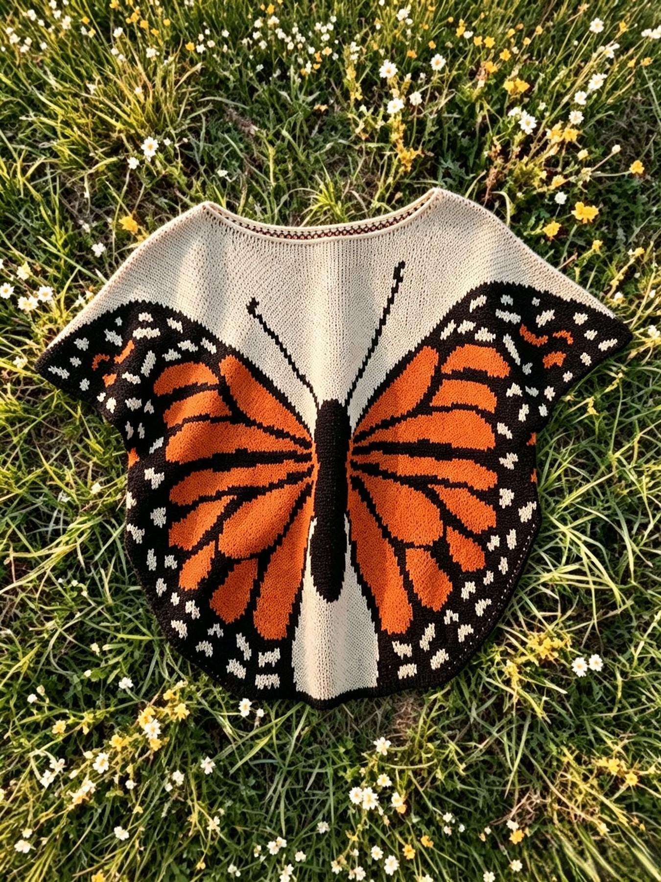 Vintage Butterfly Knit Pullover for Women, Unique Design Outerwear, Casual Loose-Fitting Top, Spring & Fall, Acrylic Material Knitwear