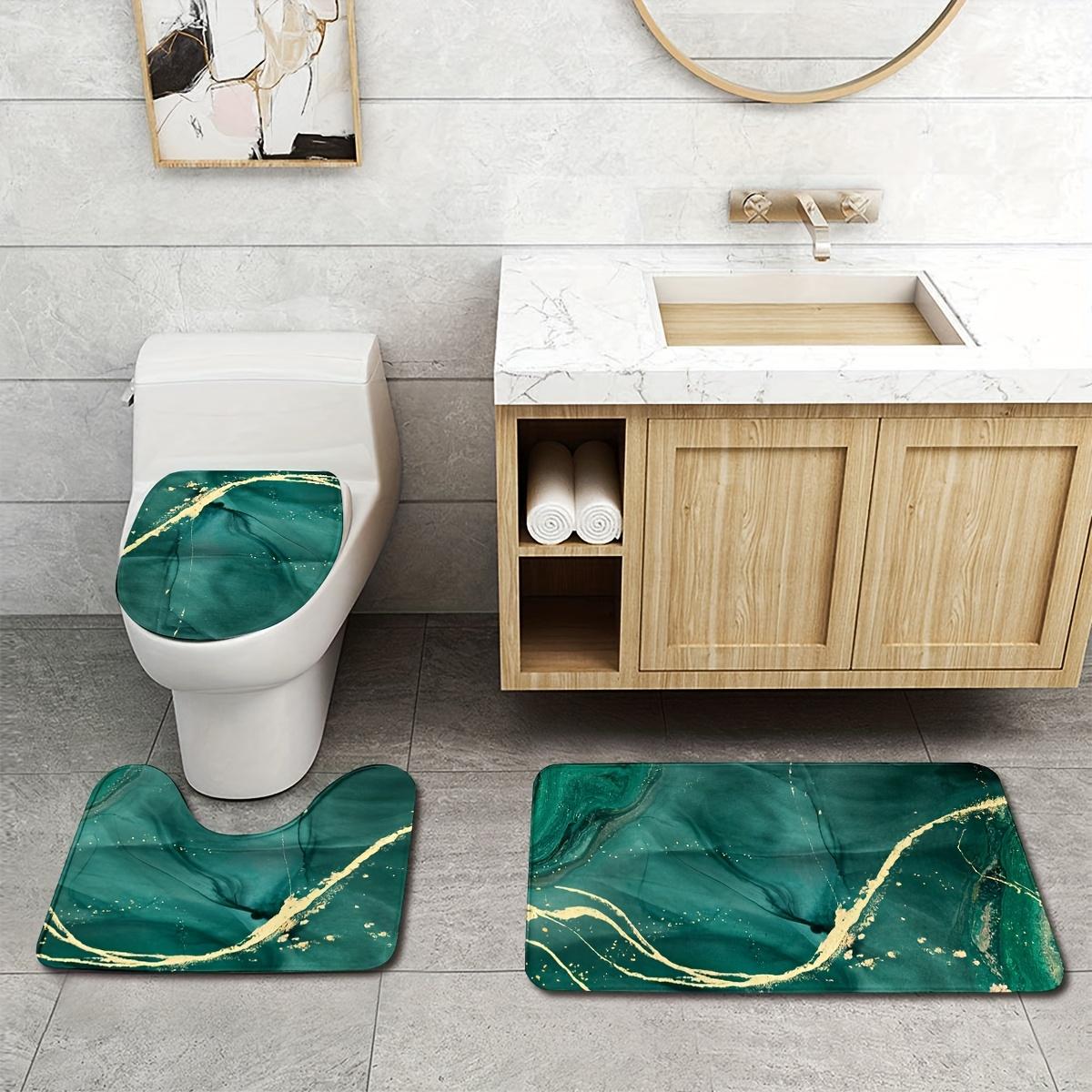 3PCS Green Marble & Golden Bath Rug Set, Fleece Non-Slip Absorbent Mat, Includes U-Shaped Rug and Toilet Lid Cover for Decor