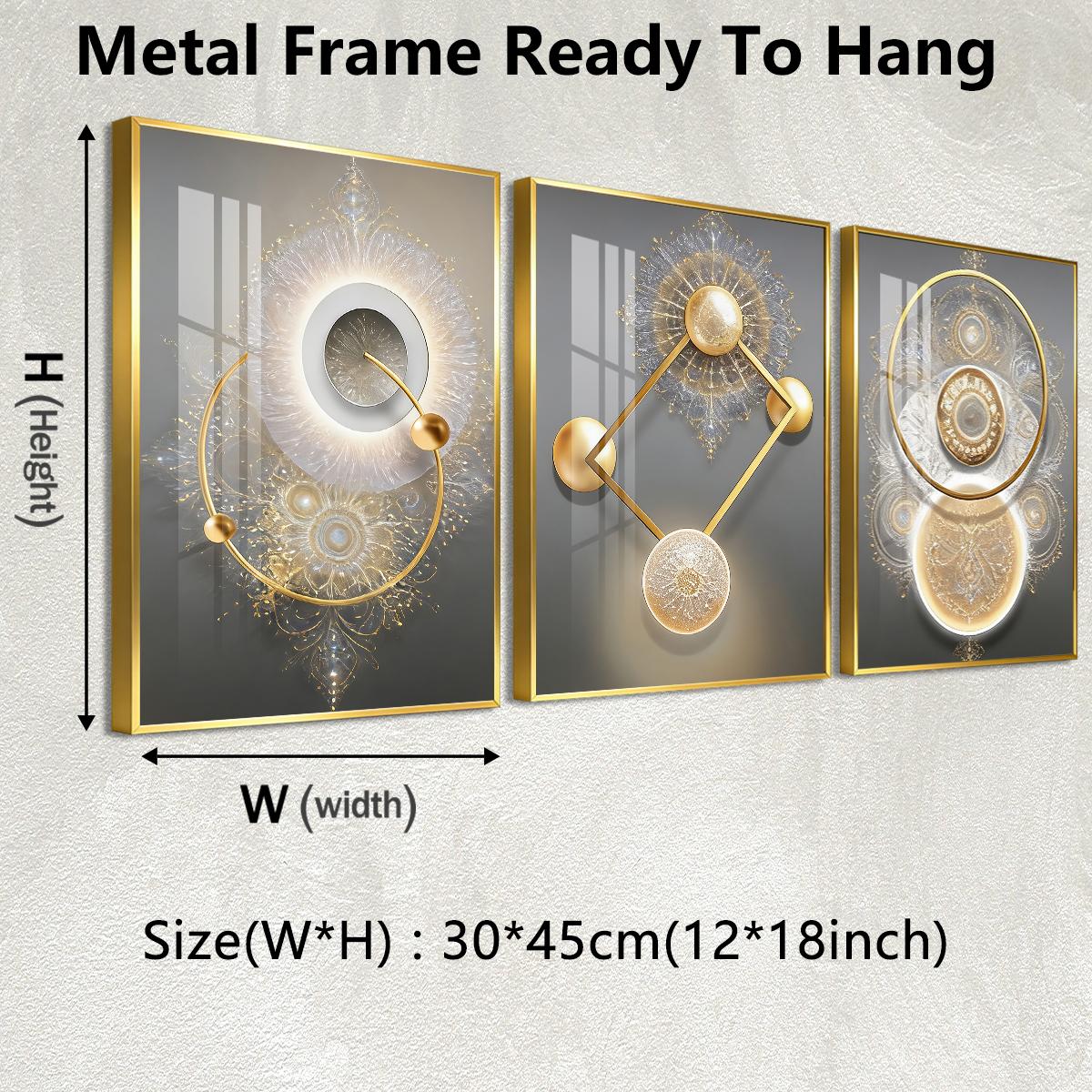 3 Counts Aluminum Alloy Framed Painting, Golden Abstract Geometry Light Art, Home Decoration For Living Room, Bedroom, Office, Restaurant, Hallway Wall Decor, Odorless Print Artwork, Luxury Perfect Gift For Friends And Family