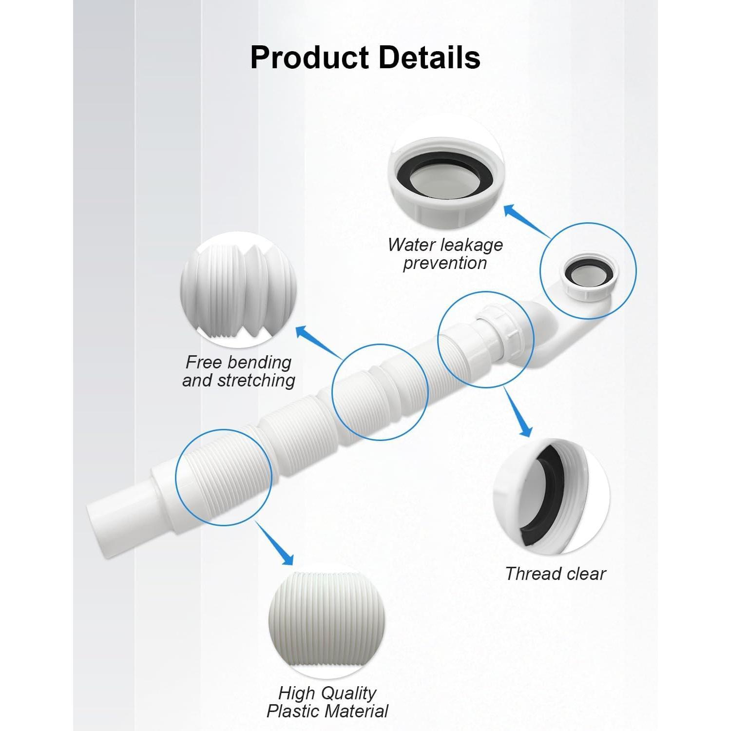 Bathtub Shower Drain Pipe, Low Profile Flat 1 1/2 P  Kit, Flexible Freestanding Tub Drain for Bath White