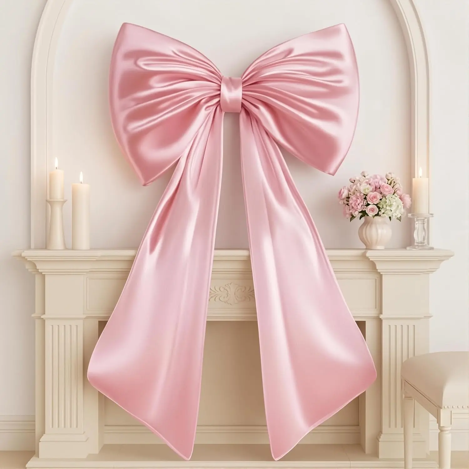 24"W x 40"H Smooth Luminous Satin Ribbon Giant Bow Accessory, Pastel Pink 3D Reusable Premium Satin Bow with Internal Stability Layer, Easy-Hang Decoration for Coquette Party Wedding Bedroom Wall Decor