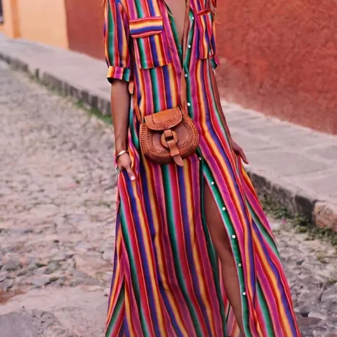 Women's Fashion Colorblock Striped Shirt, Collared Fitted Design, Casual Style Shirt, Simple Yet Wear, Perfect for Everyday Use