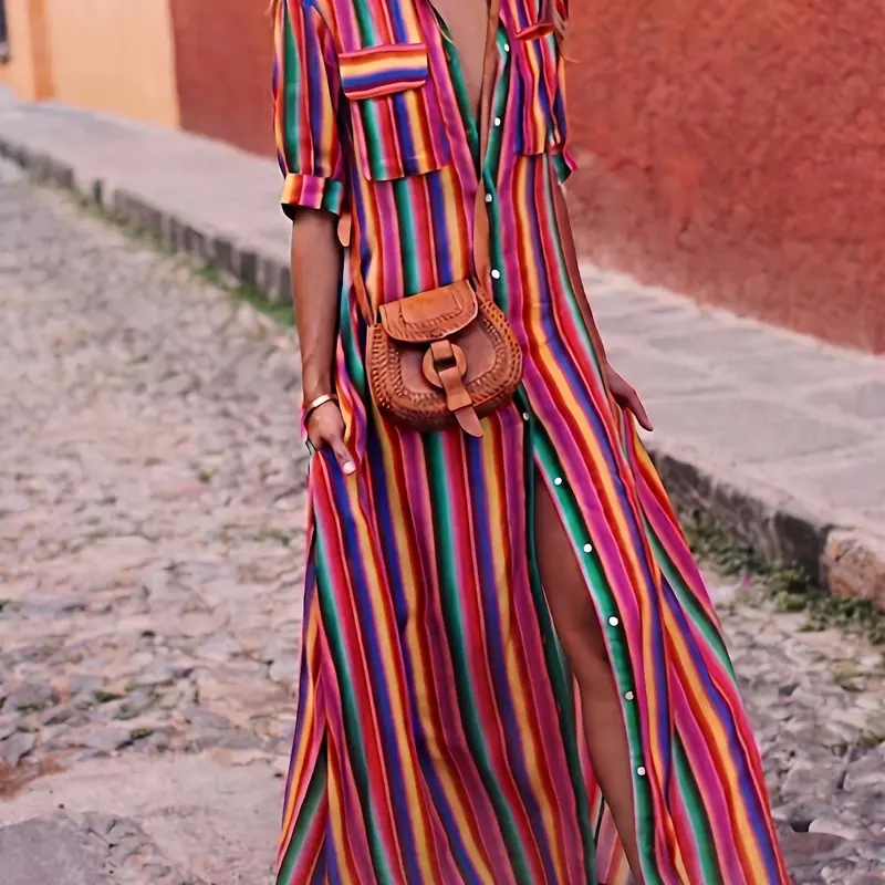 Women's Fashion Colorblock Striped Shirt, Collared Fitted Design, Casual Style Shirt, Simple Yet Wear, Perfect for Everyday Use