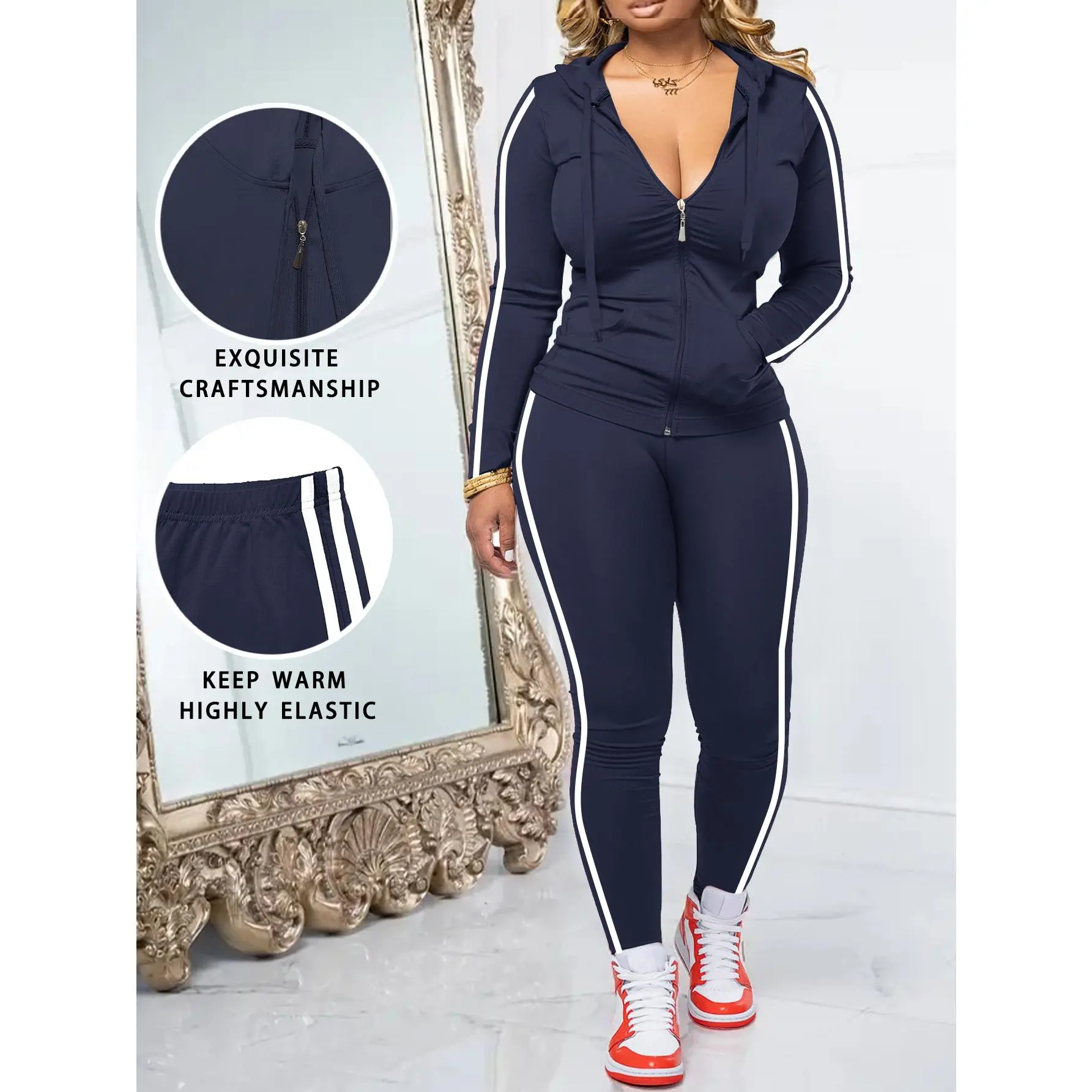 AUXDIO Women’s 2 Piece Zip Up Hoodie and Jogger Set, Long Sleeve Hooded Jacket with Drawstring Sweatpants, Casual Fitness Yoga Tracksuit, Outdoor Streetwear Matching Outfit, Minimalist Navy Blue