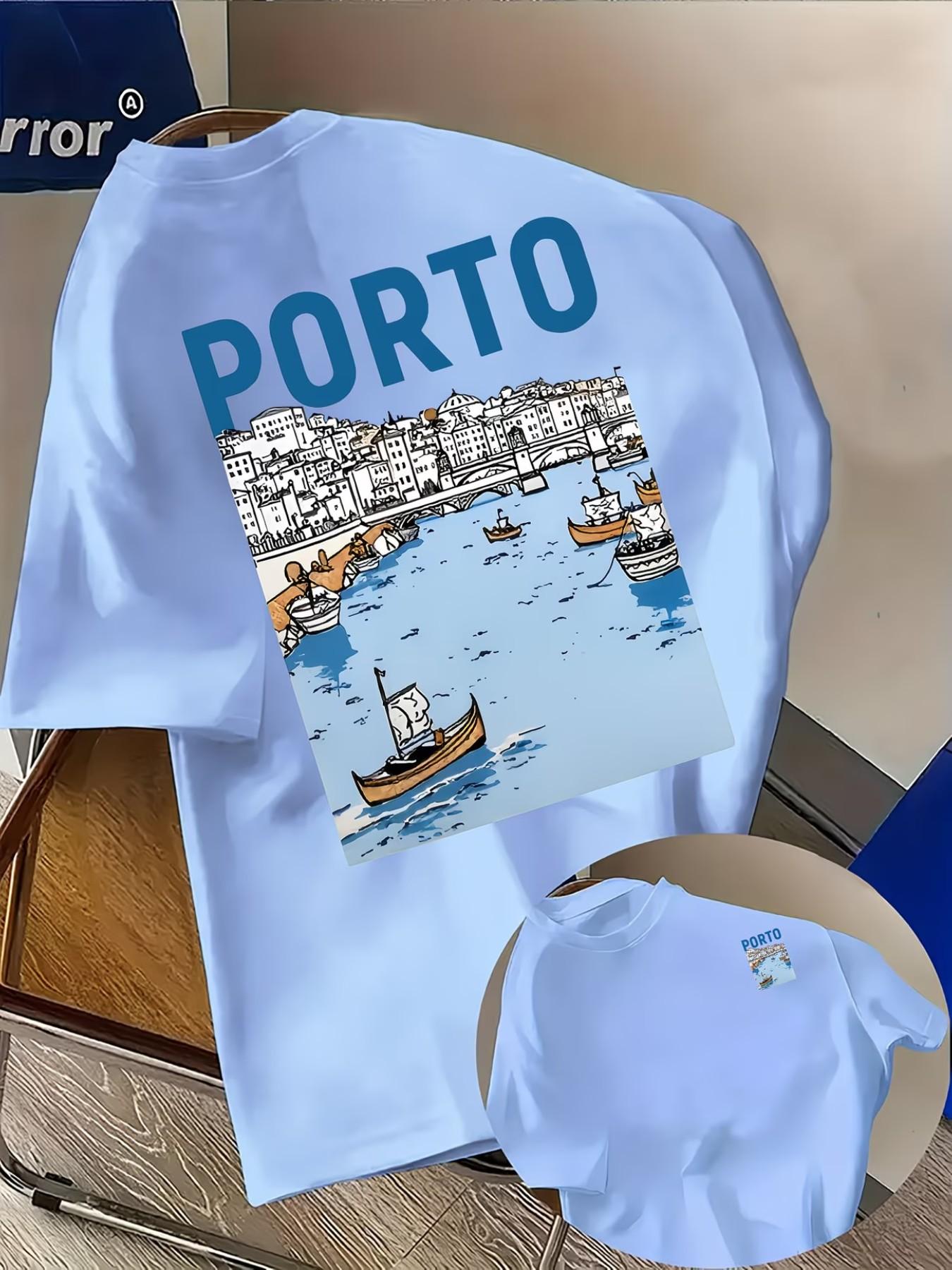 Men's Fashion T-Shirt 'porto' Letter Creative Pattern, Comfortable All Seasons, Loose Fit, Double-Sided Print