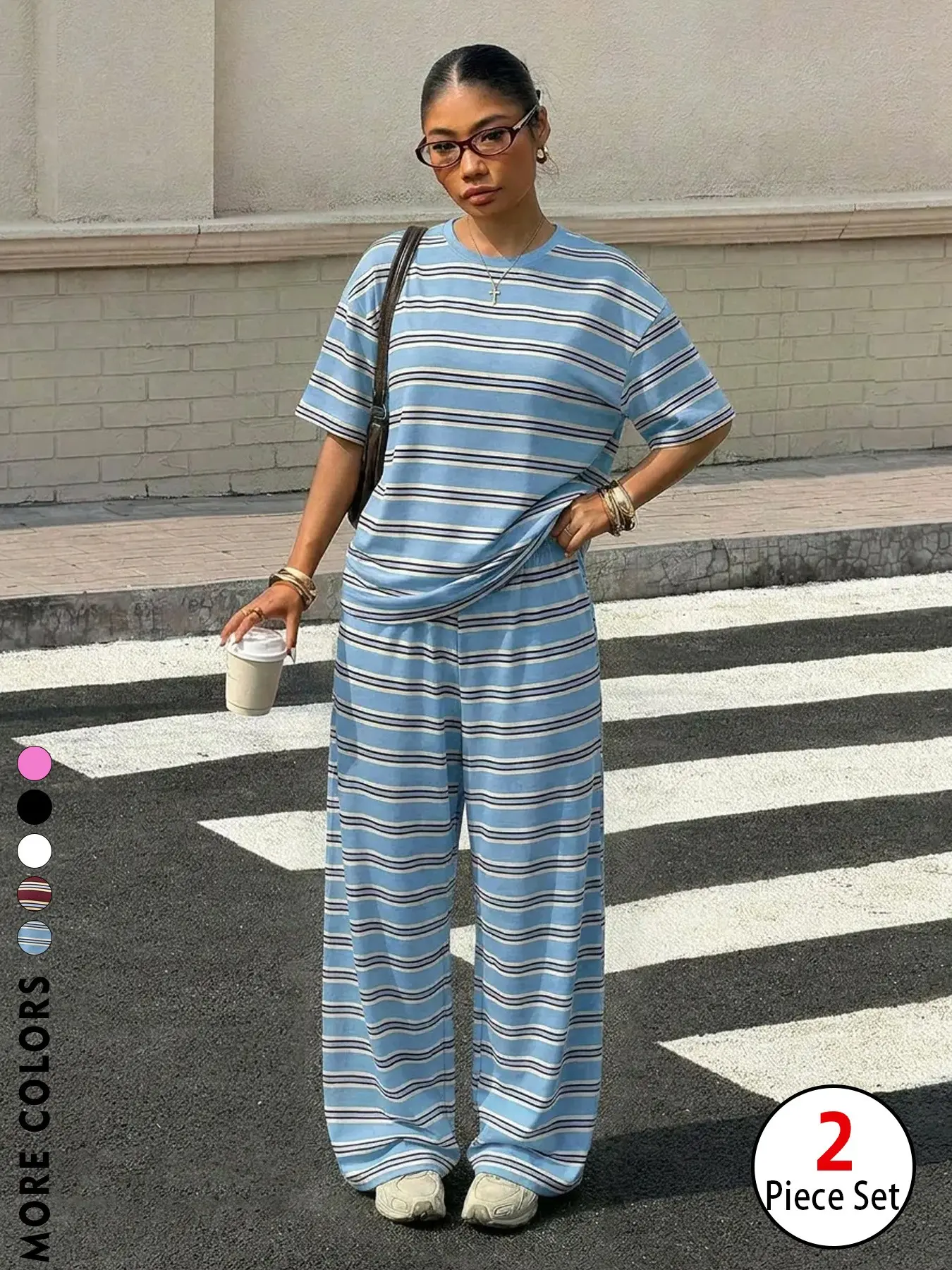 Women Striped 2 Piece Outfit Oversized Crew Neck Tee Wide Leg Pants Matching Set, Vintage Y2K Streetwear Loose Loungewear Tracksuit, Soft Breathable Casual Co Ord for Daily Brunch Vacation, Trendy TikTok Viral Summer Outfits for Women Teen Girls