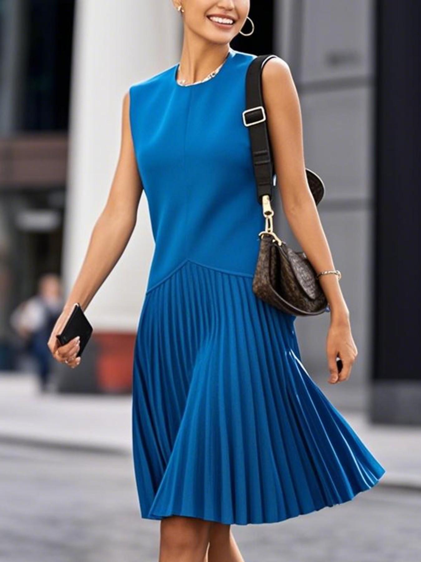 Loose Sleeveless Pleated Solid Color Round Neck Mid-Length Dress, Casual Fashion for Women, Elegance, Comfortable and Stylish