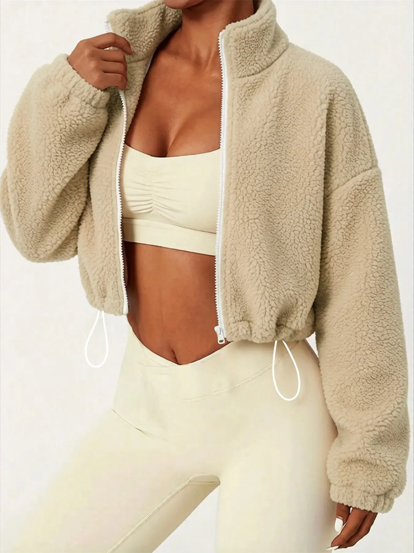 Women's High Neck Stand Collar Zip-Up Cropped Jacket, Fleece Cropped Top With Drawstring Hem. Suitable for daily casual wear, fitness outings and outdoor street styling.