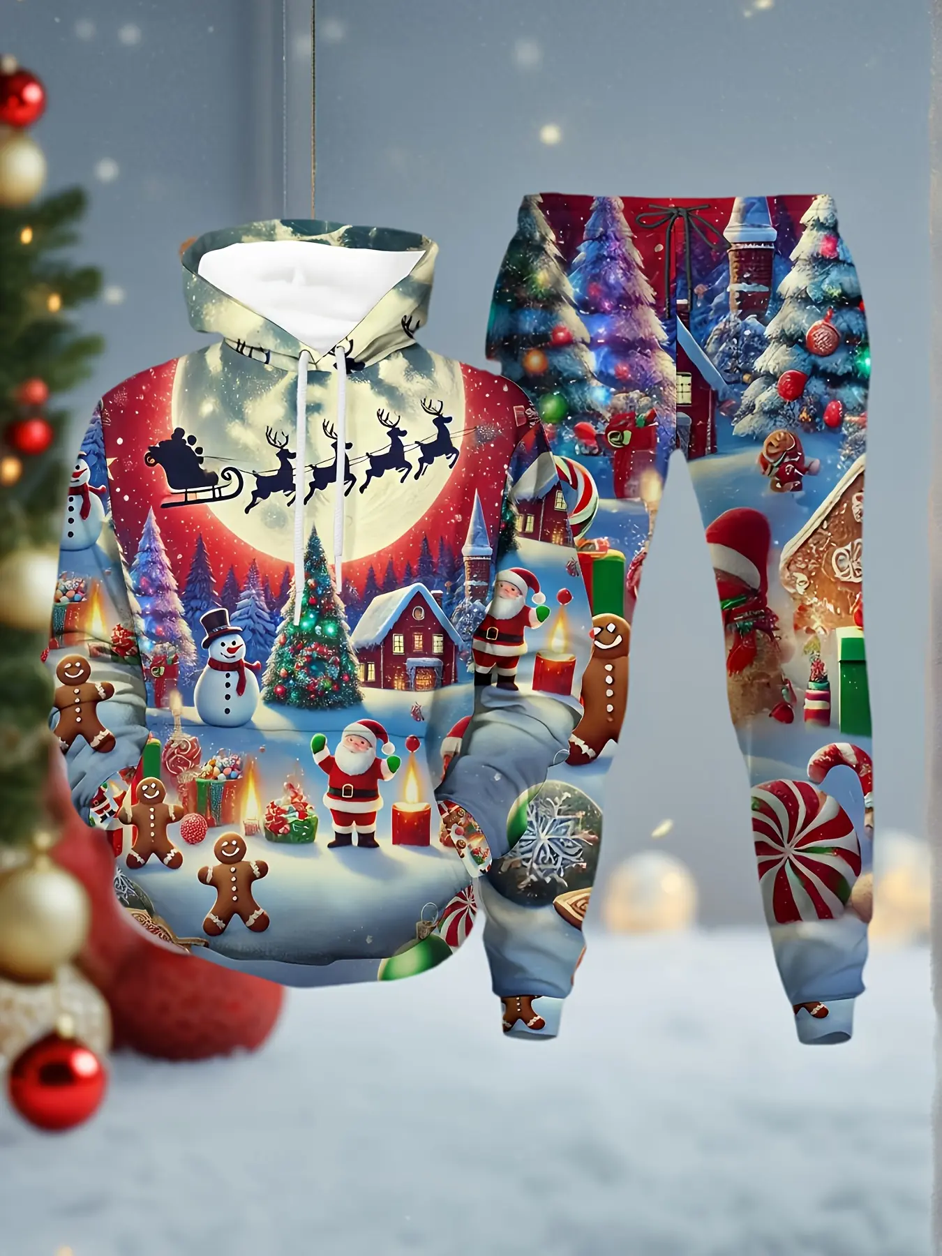 Men'S Christmas Themed 3D Printed Hoodie And Sweatpants Set, Made Of Knitted Fabric, Featuring Snowman, Reindeer, And Gingerbread Patterns, With A Regular Fit And Slight Elasticity, Perfect For Warm And Casual Wear In Autumn And Winter