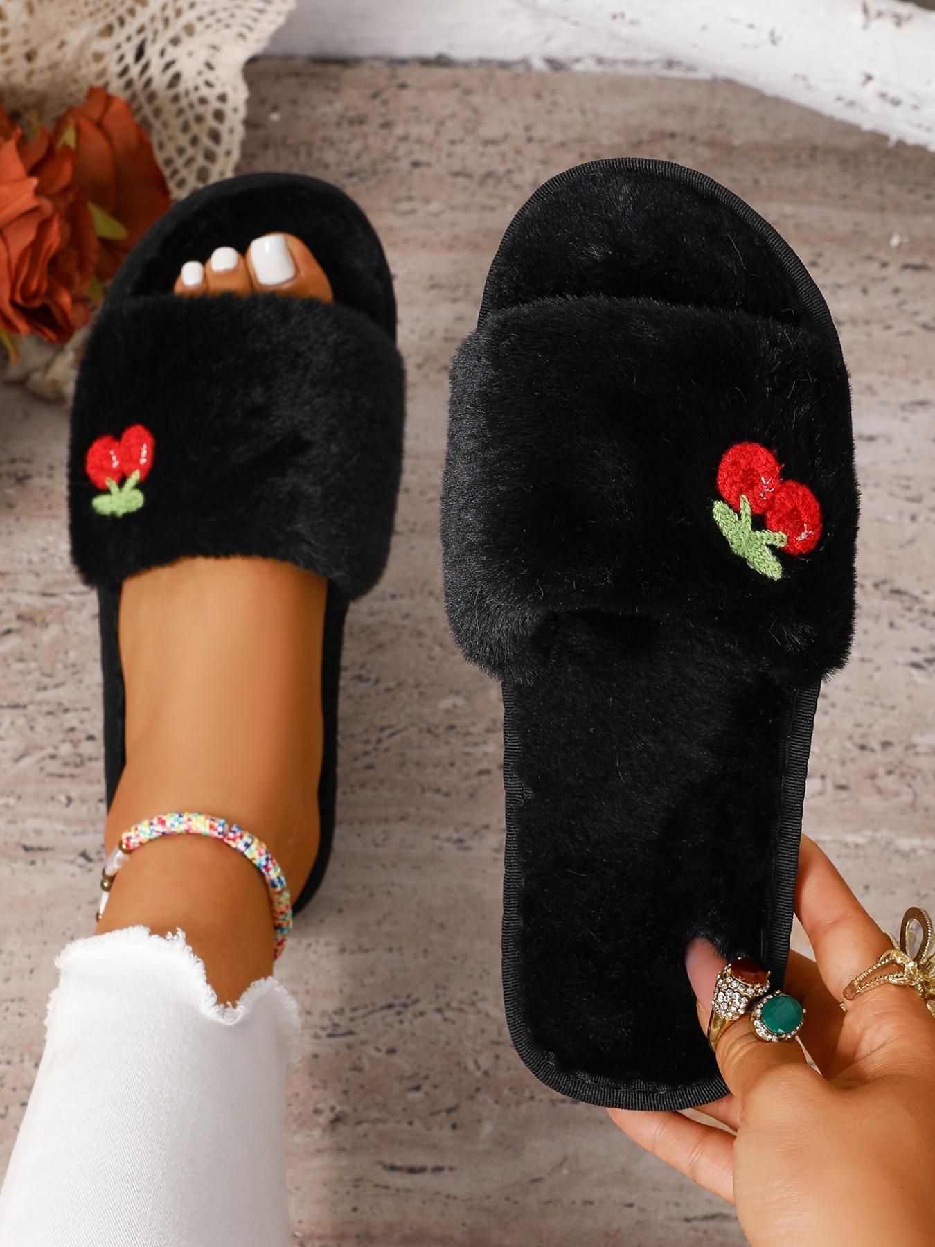 Cute Cherry Plush Casual Women's Slippers, Comfortable Indoor Warm Shoes, Fashion Home Footwear, Soft Textile Upper, Rubber Sole