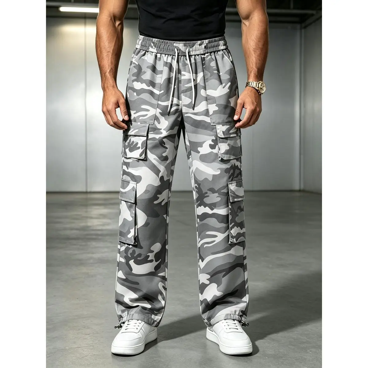 Men’s Camouflage Cotton Blend Long Cargo Jogger Pants - Male Wear with Elastic Waistband, Multiple Flap Storage Pockets, Adjustable Cuffs, Cold Wash Safe, Urban Streetwear Bottoms for Daily Outings & Outdoor Jogging, Long Length, Multiple Pockets