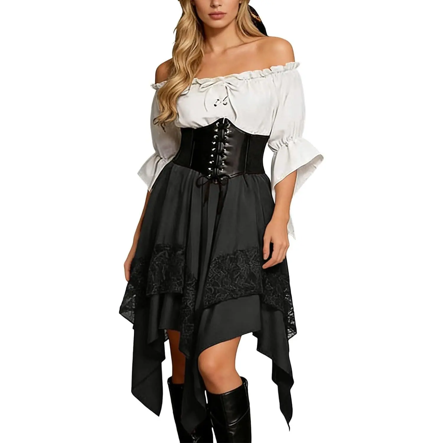 Women's Gothic Pirate Costume, Lacy Off-Shoulder Renaissance Dress with Corset Vest and Asymmetrical Tiered Skirt for Cosplay, Clothes, Square Neck, Plain Surface Pink Pig Headband Nose Tail Set design windbreaker Halloween Tulle Cloak