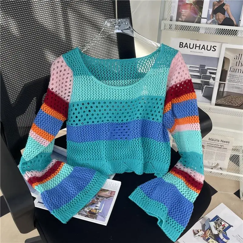Boho Hippie Crochet Crop Top Color Block Flare Sleeve Scoop Neck Open Knit Blouse Sweater Pullover Women Spring Summer Retro 70s