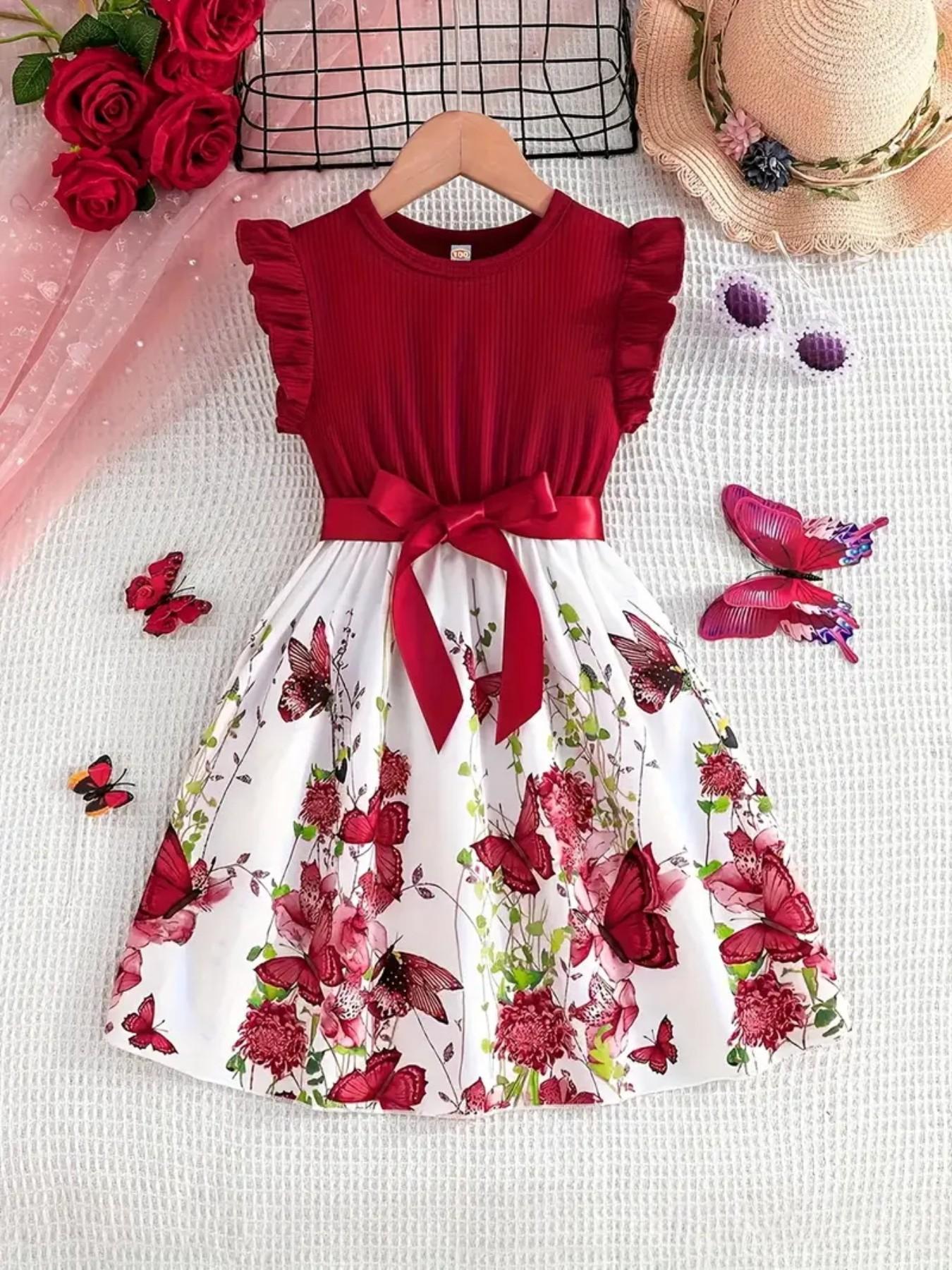 Girls' Floral Dress with Ruffled Sleeves, Casual Summer, Essential Kids Fashion, Mother-Daughter Matching Clothes#kidswear #floraldress #toddlerootd #mommyandme