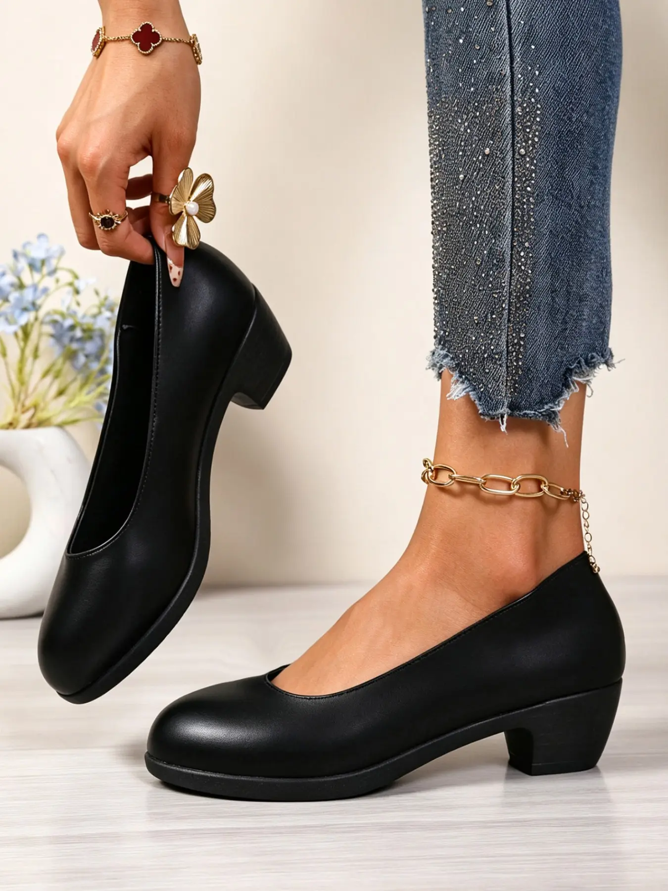 Women's Round Toe Low Heel Slip-On Shoes, Elegant Comfortable Plain Color, Office Casual Wear, Spring & Fall Fashion