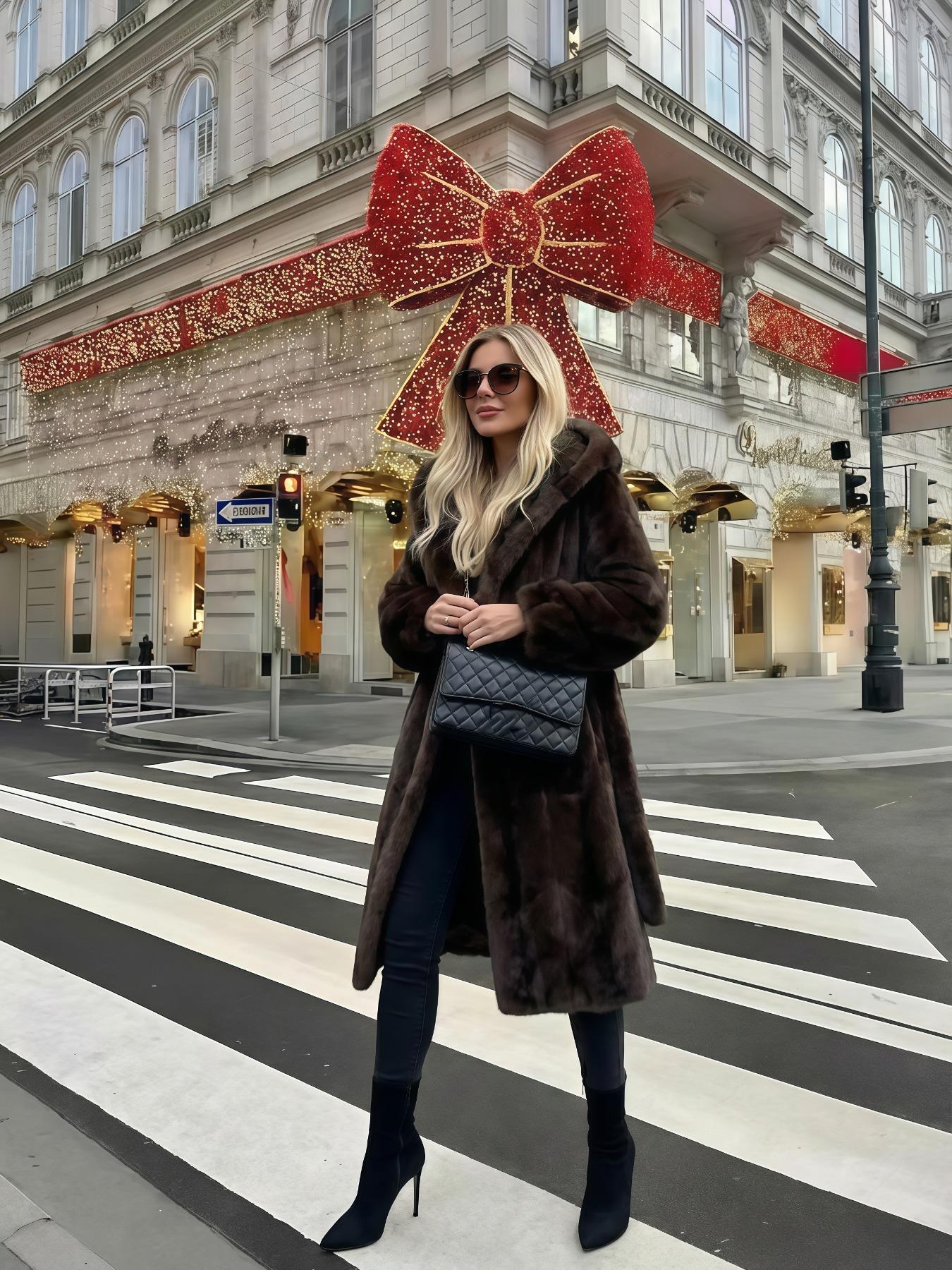 Women's Faux Fur Coat, Winter Fashionable Casual Long Sleeve Jacket, Retro Hooded Loose Fit Medium-Length Outerwear for Daily Wear