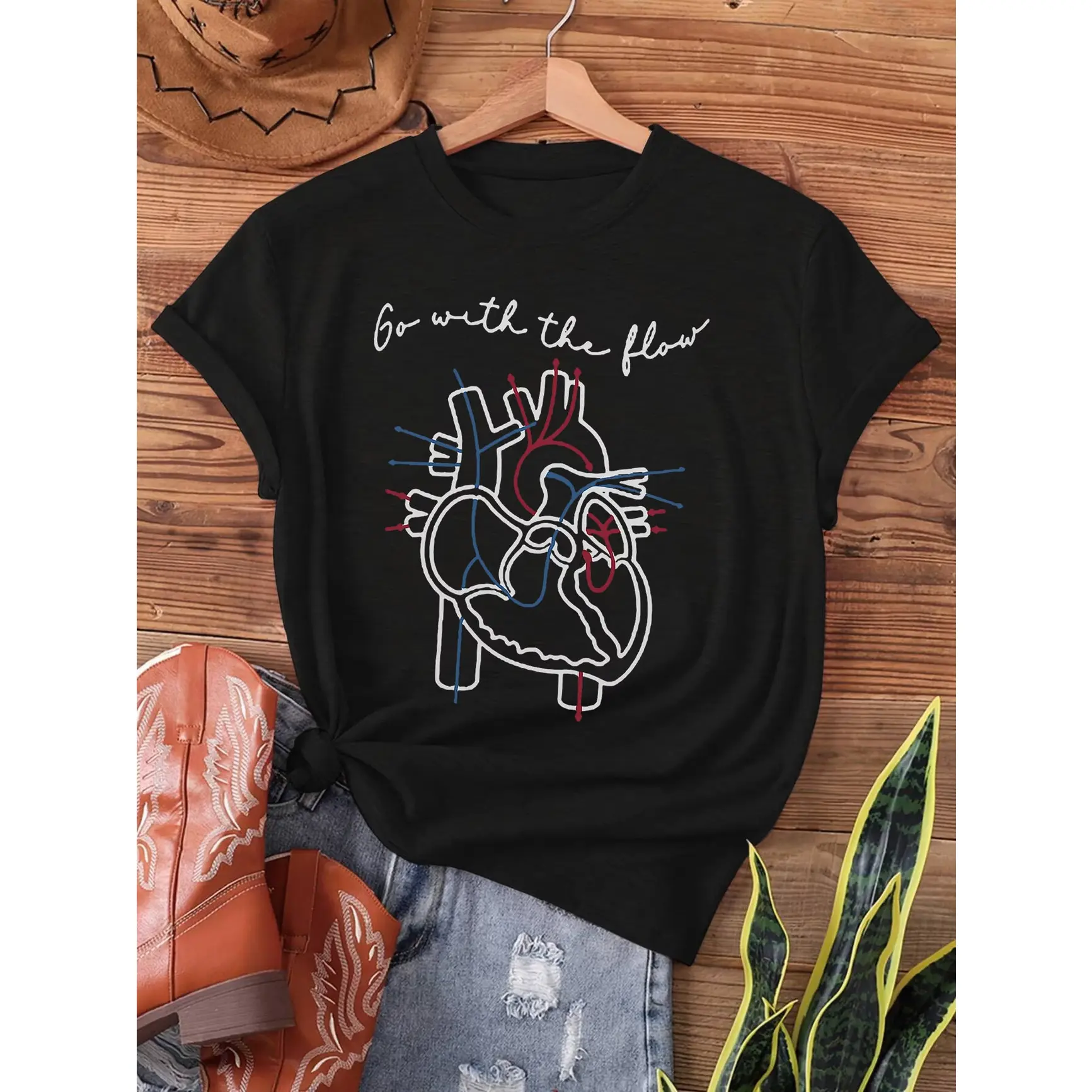 Anatomical Heart Go With The Flow Graphic Cotton Oversized T‑Shirt, Cute Fashion Outfit, Comfort Casual Tee, Valentine’s Day Gift For Her Him, Best Holiday Present For Lovers Friends