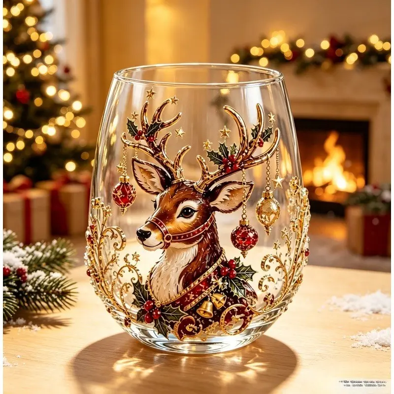 Vintage Gold- Christmas Stemless Glass Cup, Drinking Glass, Reindeer/wreath/tree/santa Sleigh Designs, Holiday Decor Drinkware, Christmas Gift
