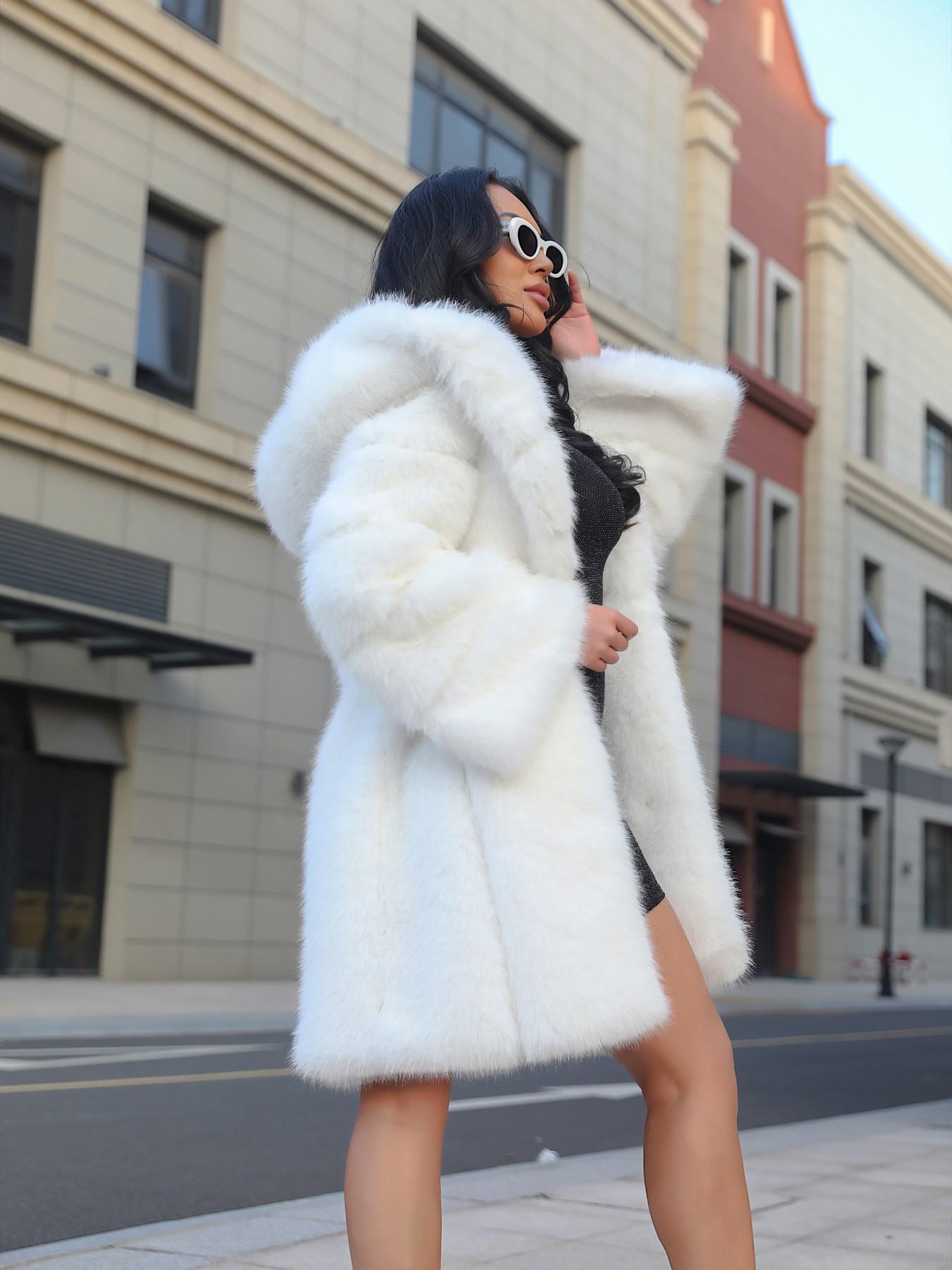 Women's Hooded Faux Fur Coat, Loose Mid-Length Plush Jacket, Soft Puffy Texture, Warm Winter Outerwear for City Street Style