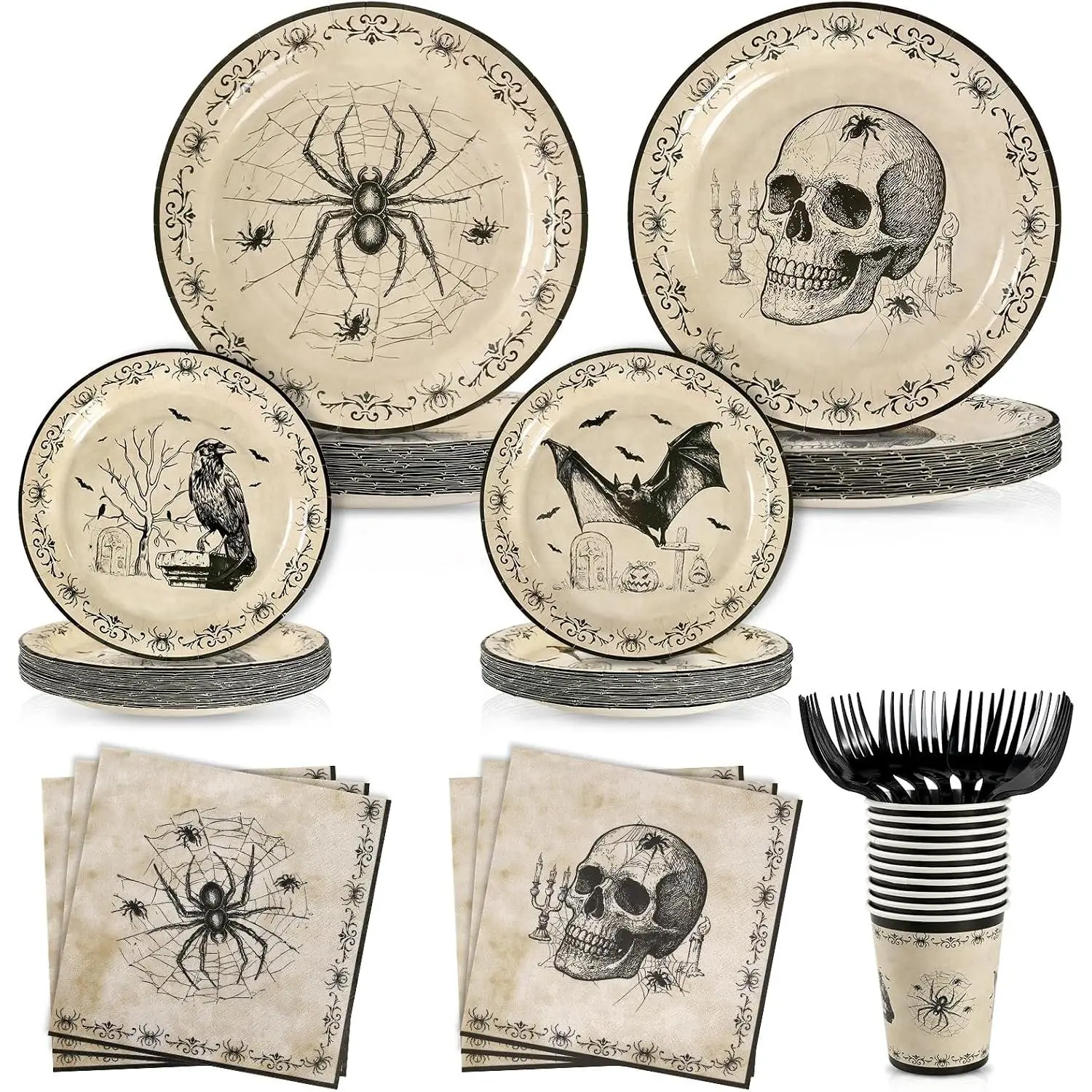 Vintage Gothic Halloween Disposable Tableware Set (Set of 24) - Paper Plates, Napkins, Forks for Adult Halloween Party Home Festive Supplies