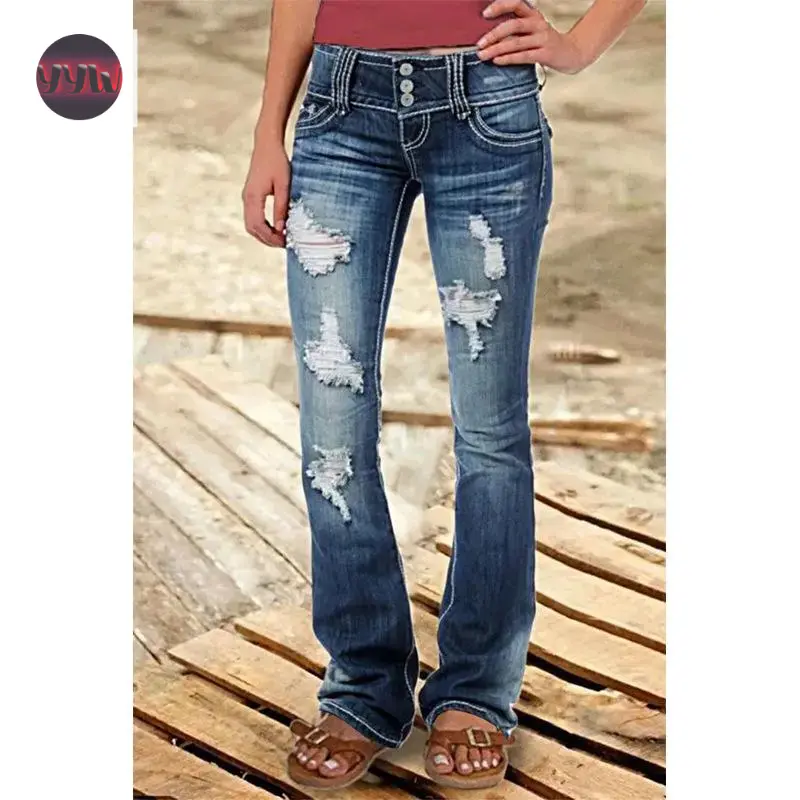 Female 2025 YYW1 New Low-Waist Vintage Ripped Button Trendy Jeans, Basic All-Seasons Sports & Outdoor Bottoms