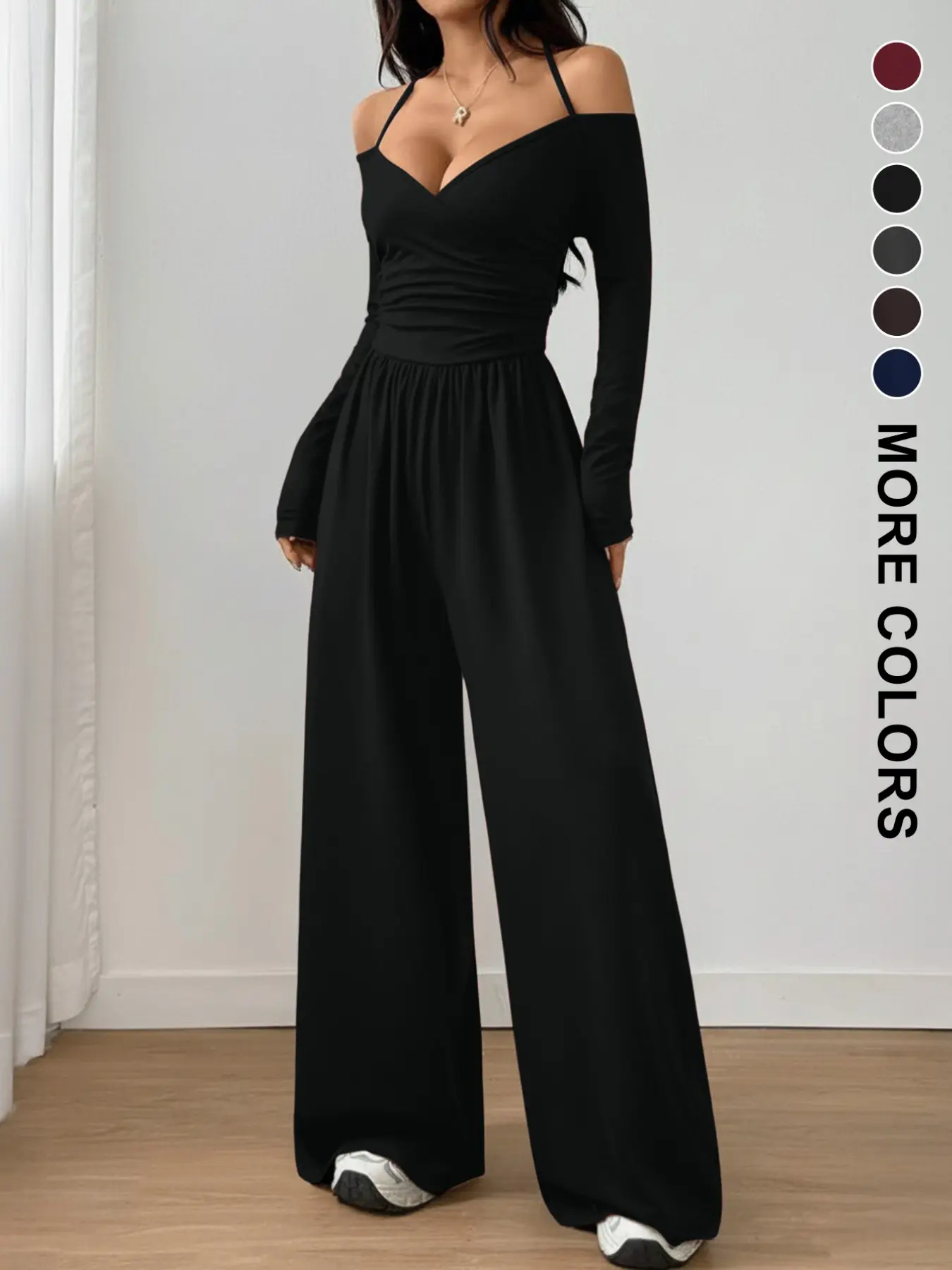 Women's Spring Summer Plain Knit Chic Fashion Design Off-Shoulder Pleated Wide Leg Jumpsuit, Casual Daily Commute Pants, Slim-Fitting