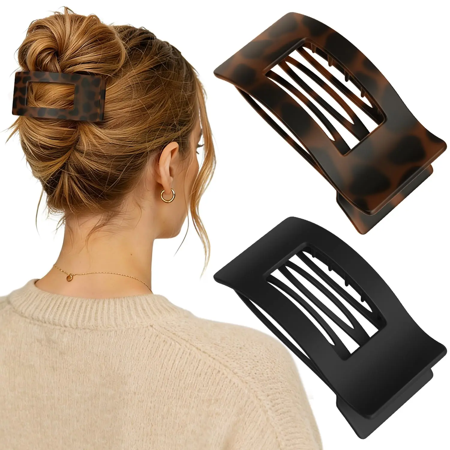 2 count Flat Hair Clips for Women -  Rectangle Large Flat Claw Clips for Thick Thin Hair, Comfortable Curved Lay Down Duckbill Clips, Matte Non-slip  Hold Hair Accessories, Tortoise & Black