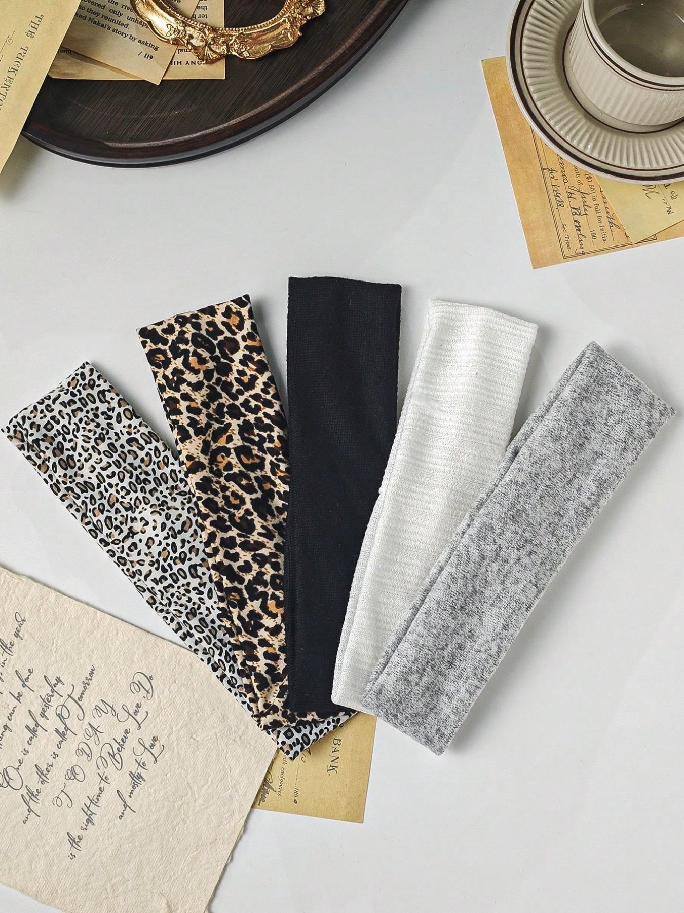 5pcs Versatile Satin Leopard Print Workout Headband Set, Women Everyday Hair Accessories Turban sweat absorbing Headband Sweatband, Hairband