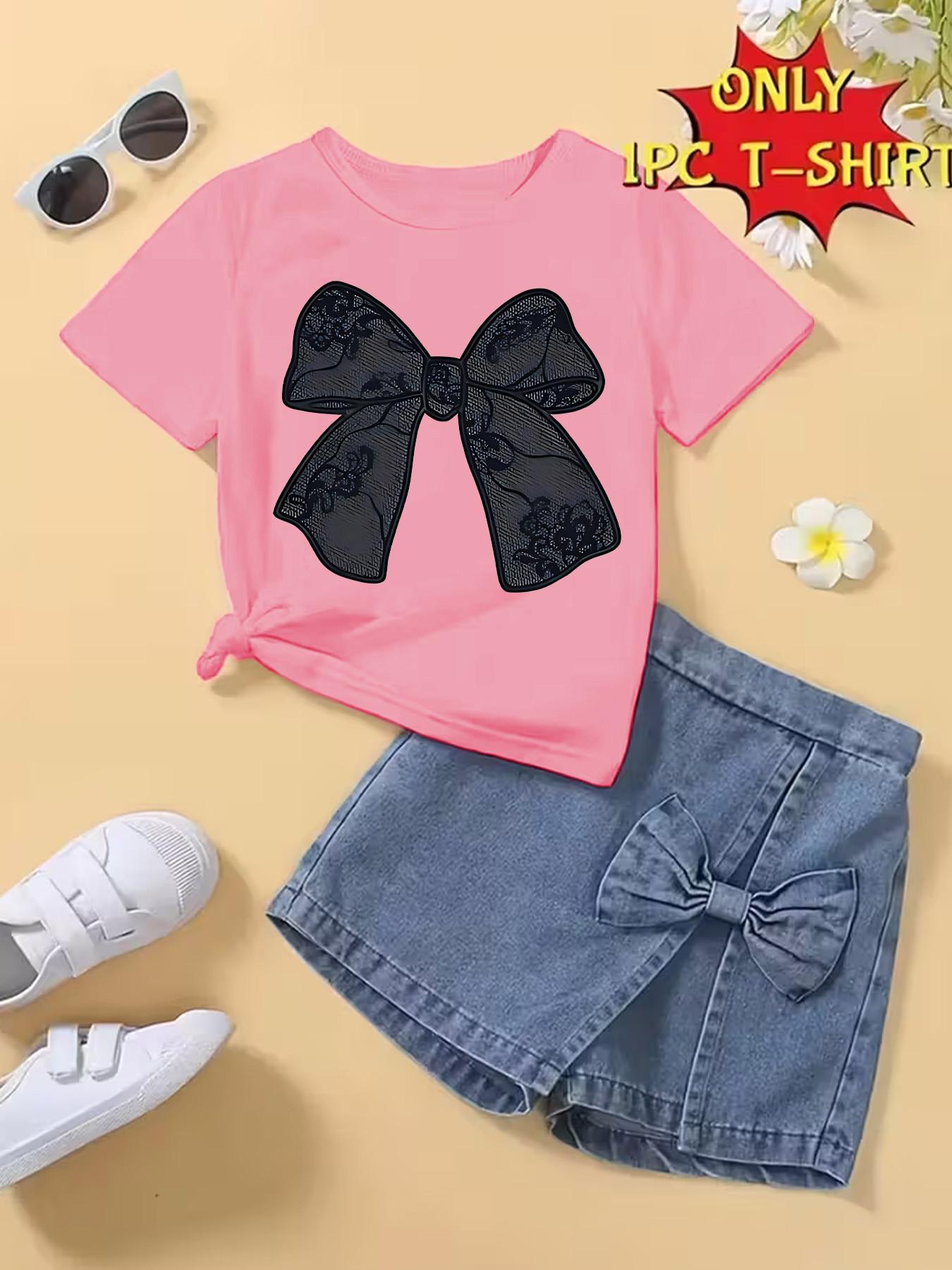 Girls' Summer Fashion Bowknot Series Bow Print Comfortable Round Neck Short Sleeve T-Shirt, Casual Versatile Unisex Kids Clothing Graphic Tee
