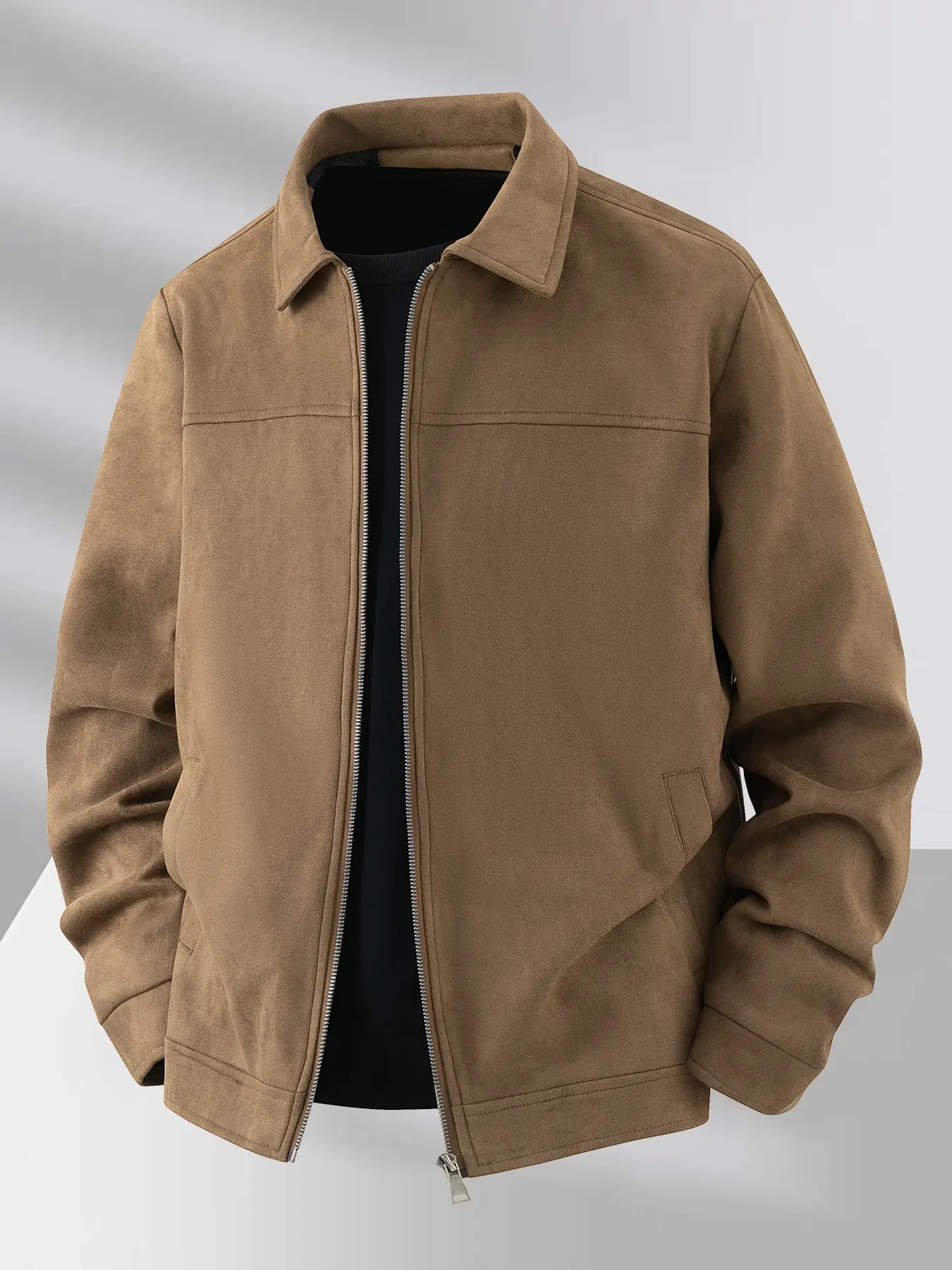 Men's Spring & Fall Collared Jacket, Zipper Closure, Casual Faux Suede Outerwear, Durable Fabric, Ideal for Daily Wear, Casual Fashionable Jacket