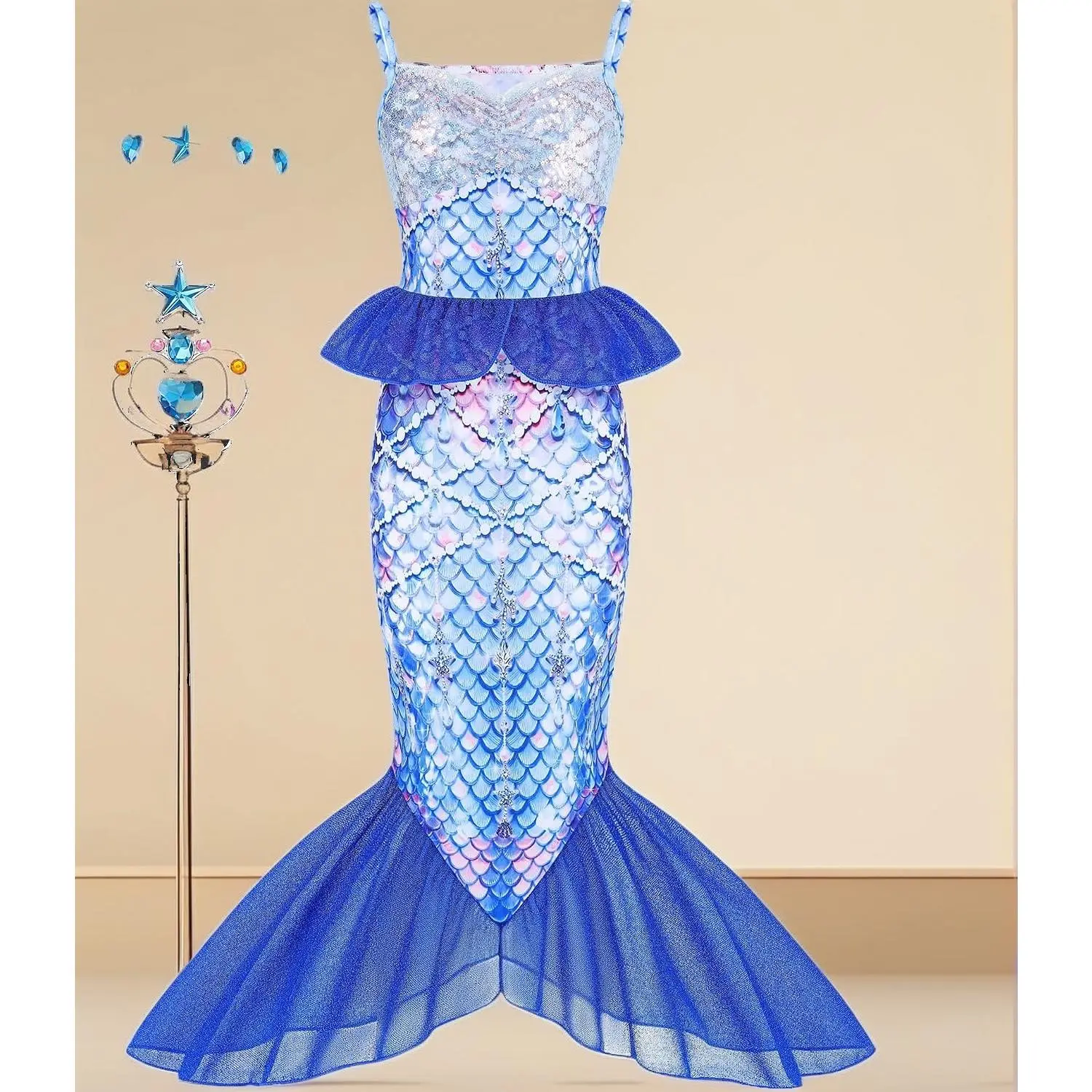 Mermaid Costume for Girls -Little Mermaid Dress with Jewelrys &Bag,Princess Dress Up for Girls Birthday Gift 3-12Y