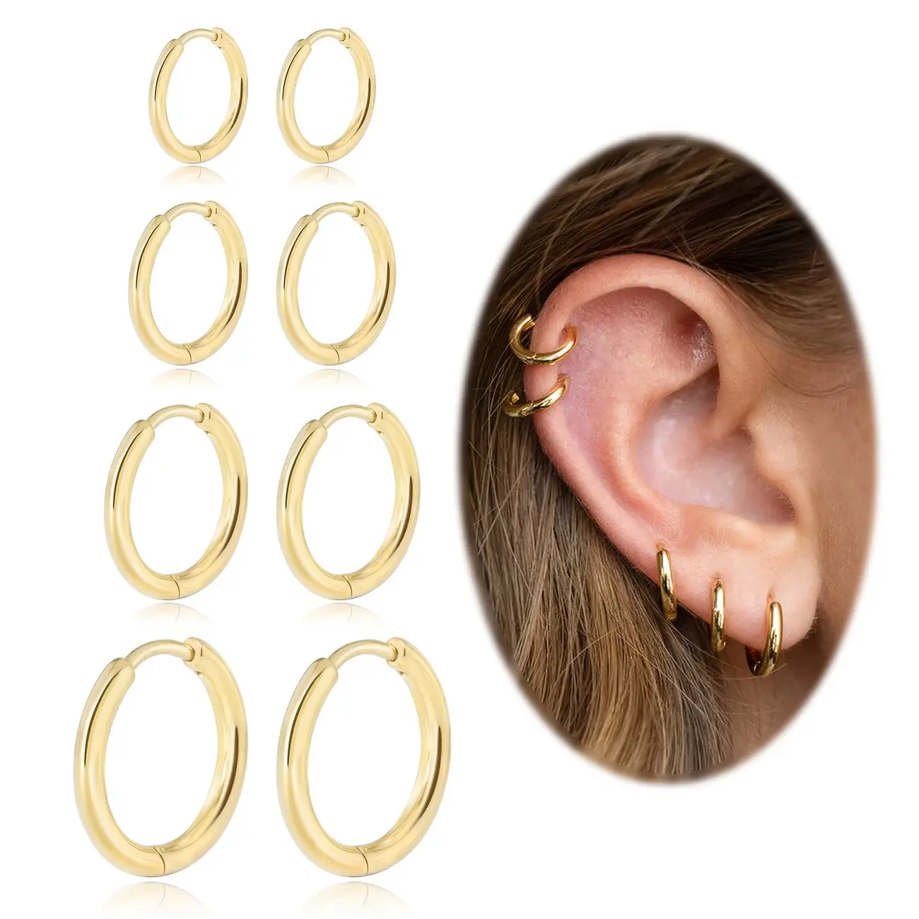 18K Gold Plated 8Pcs(4-Pairs) Unisex Hoop Earrings Set 316L Stainless Steel 6mm 8mm 10mm 12mm Stackable Hypoallergenic Earrings Hoop Cartilage Helix Earrings For Men Women