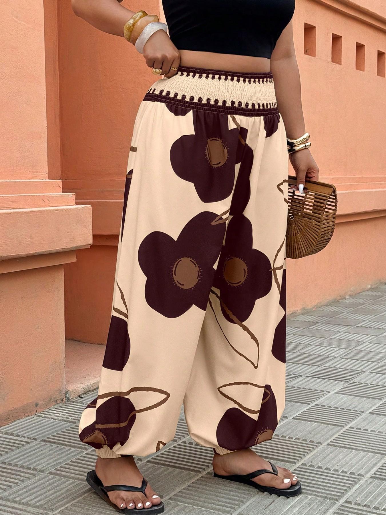 Women's High-Waisted Lantern Pants, Fashion Elastic Cuffed Long Pants for Holiday, Floral Print, Comfortable and Stylish Summer Wear, Casual Trousers, Ladies Bottoms, Womenswear