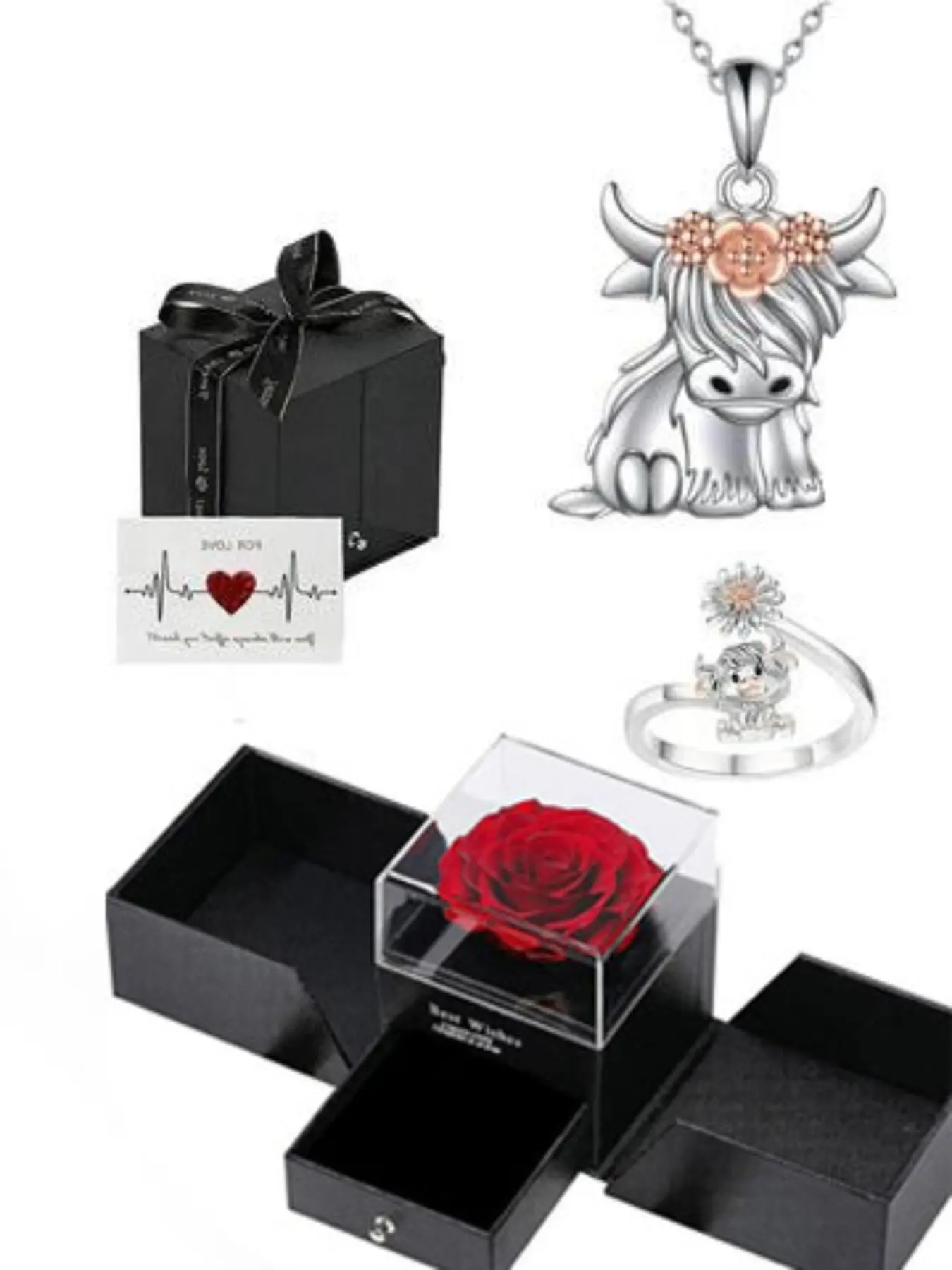 Highland Cow Vintage Fashionable Jewelry Set with Eternal Rose Box, Silver Color Pendant Necklace, Adjustable Ring, Cute Animal Gift for Mom, Girlfriend, Wife