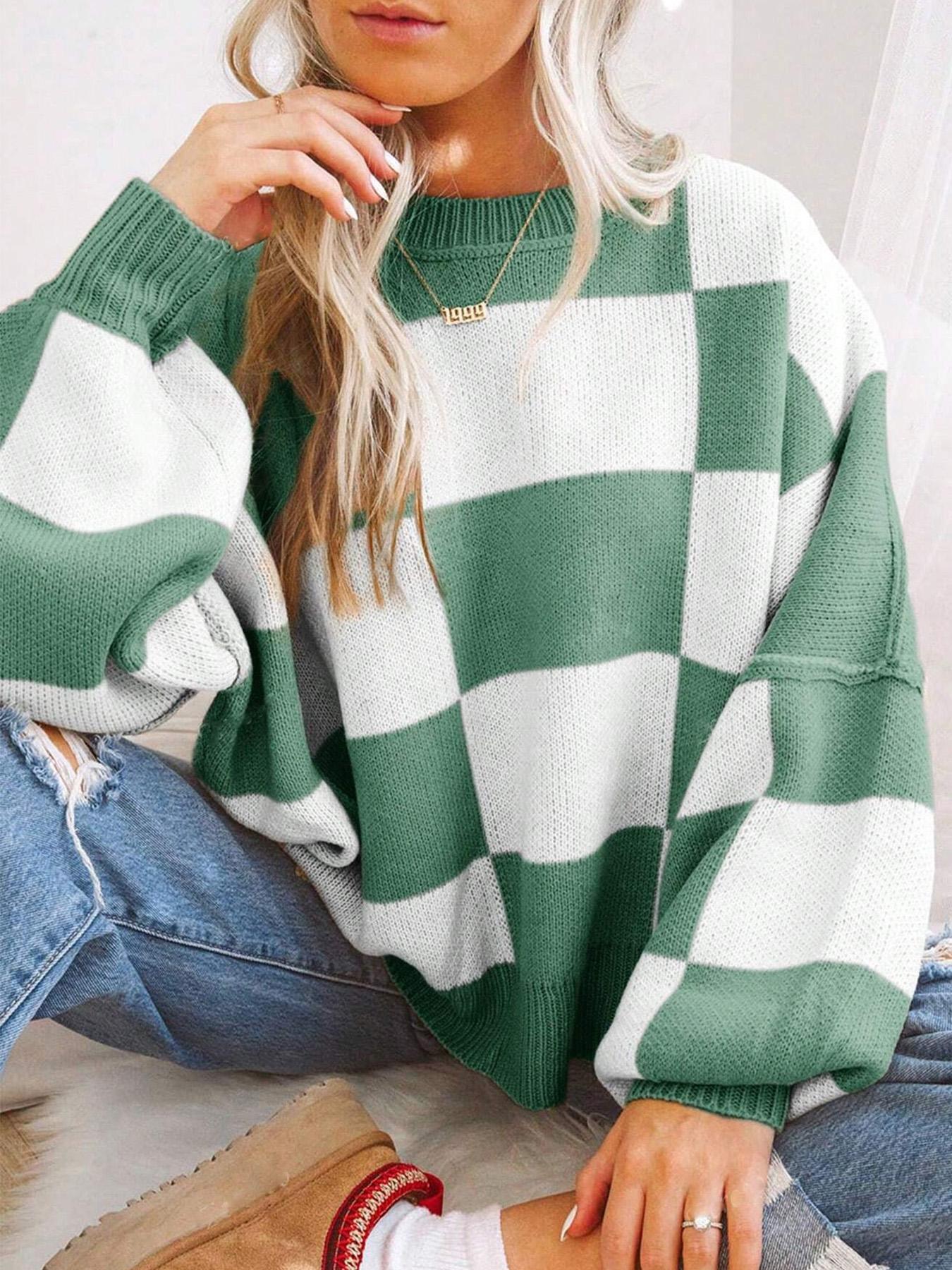 Plus Size Plaid Drop-Shoulder Knitted Sweater, Casual Long-Sleeve Knitwear Womenswear for Fall & Winter, Loose-Fitting Round Neck Pullover for Women
