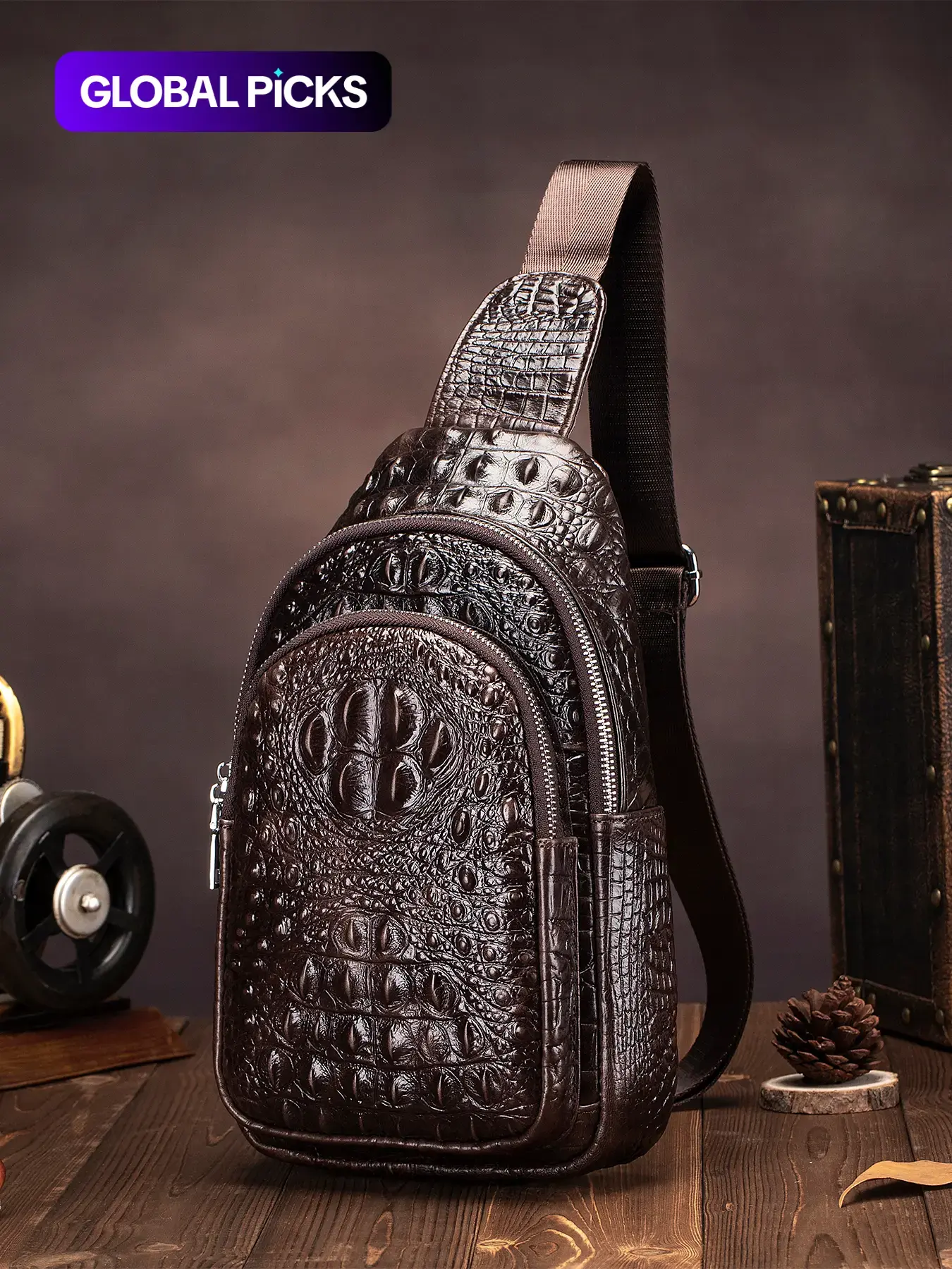 Men's Vintage Crocodile Embossed Zipper Sling Bag, Casual Trendy Crossbody Bag, Fashionable High-quality Cowhide Bag for Daily Use, Stylish Bag