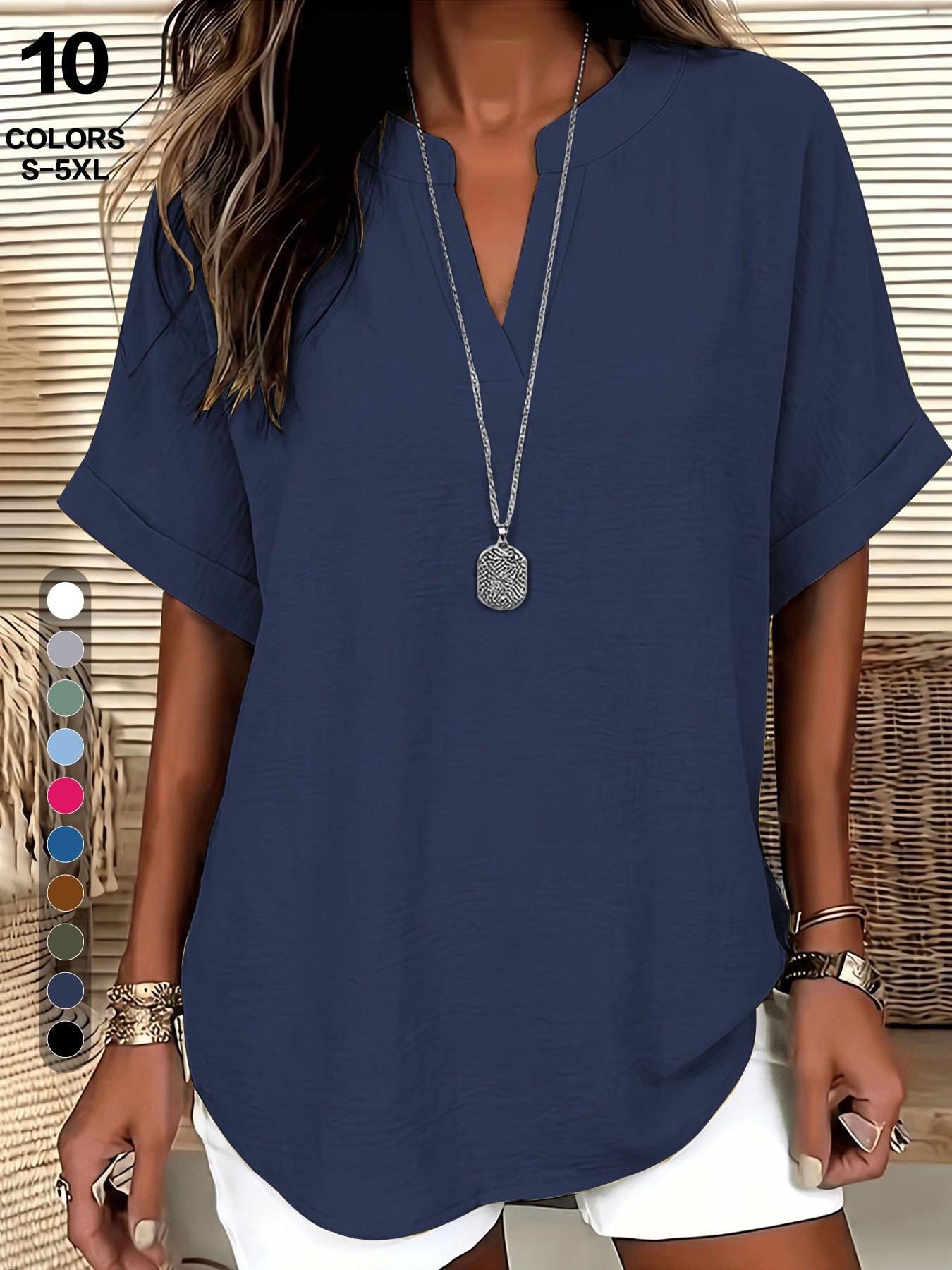 2026 European Style V Neck Short Sleeve Shirt, Casual Fitted T-Shirt, Summer Loose Fit, Hides Belly, Tall Look, Versatile Top