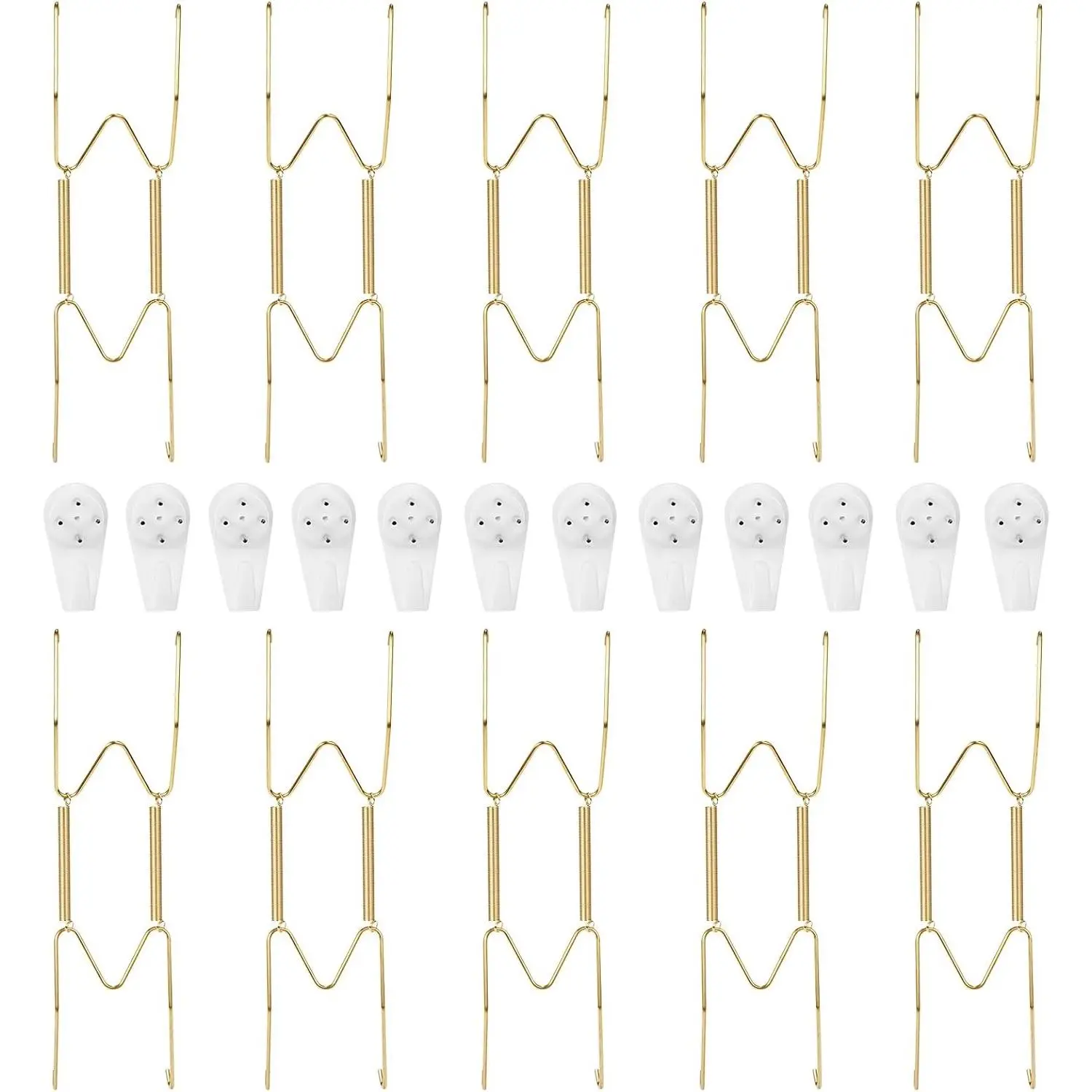 Antique Ceramic Photo Round Plate Hangers Kit - 10-Pack Invisible 8-in Brass Holders, 12-Pack Expandable Wall Hooks for Indoor Furniture Display