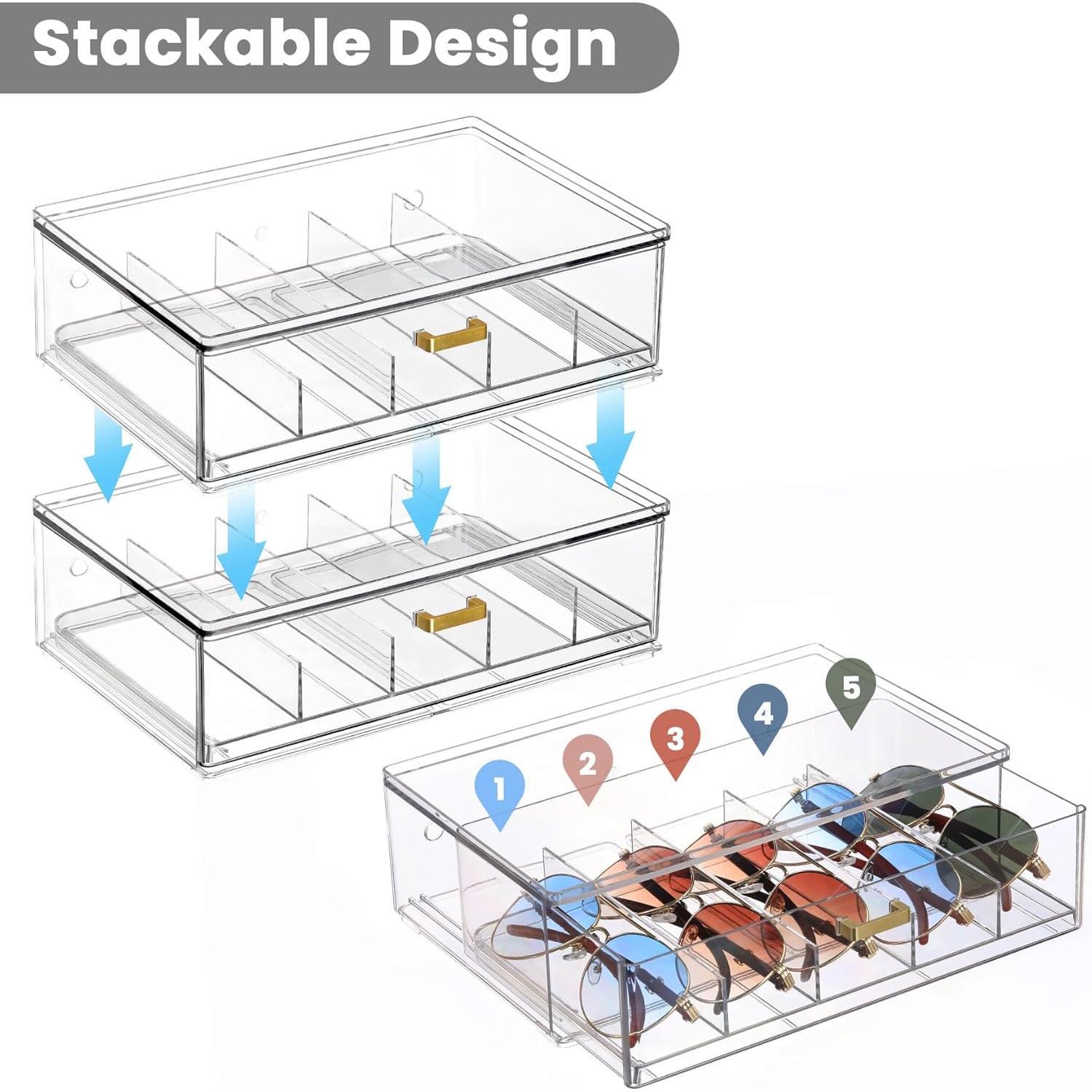 Clear  Sunglasses Organizer, Stackable Eyeglass Storage Case with  Handles, Glasses Display Holder