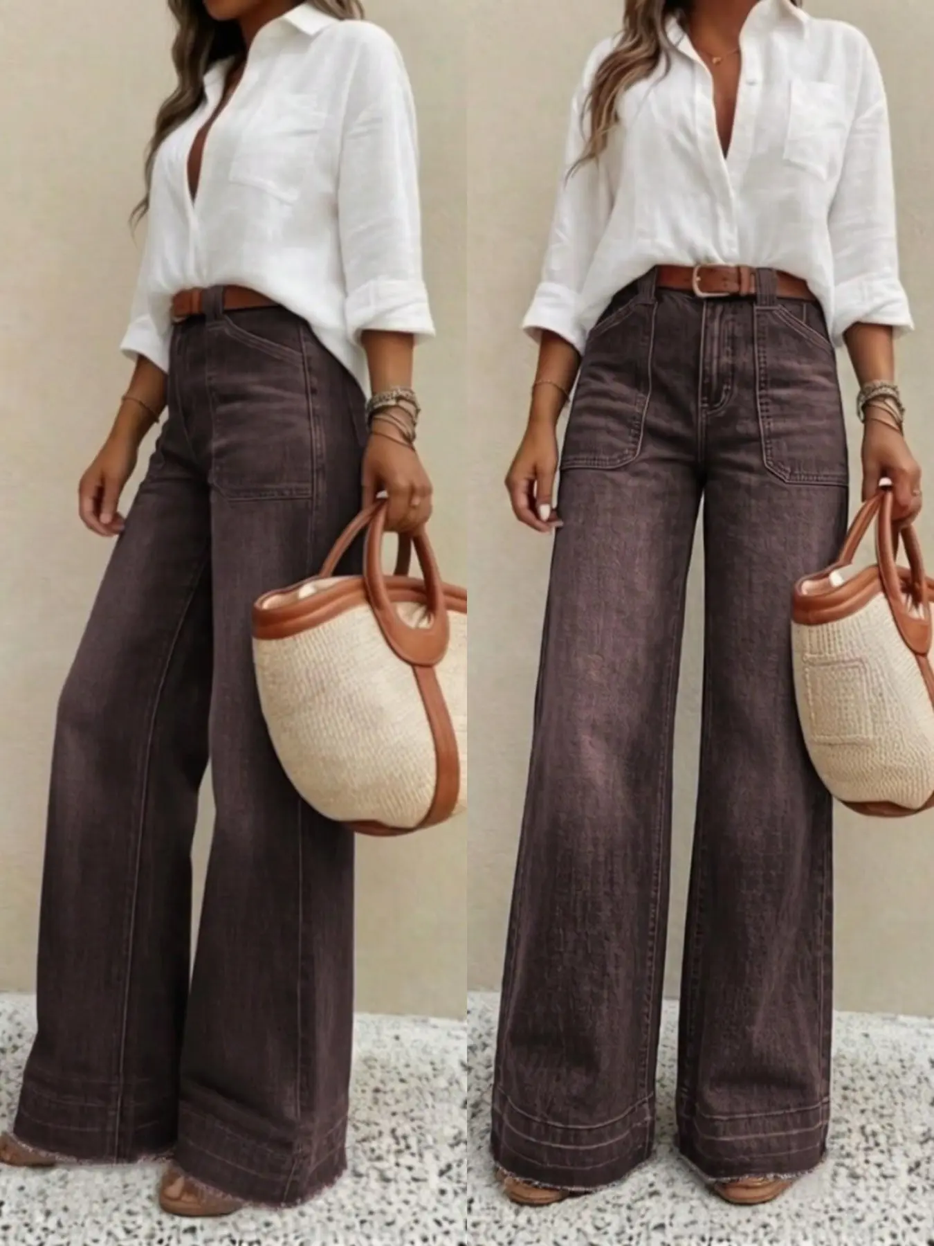 Women's Elastic Jeans, Vintage Washed Wide Leg Pants, High Waist Design Loose-Fitting Pants for All Seasons, Casual Daily Wear, Belt Not Included