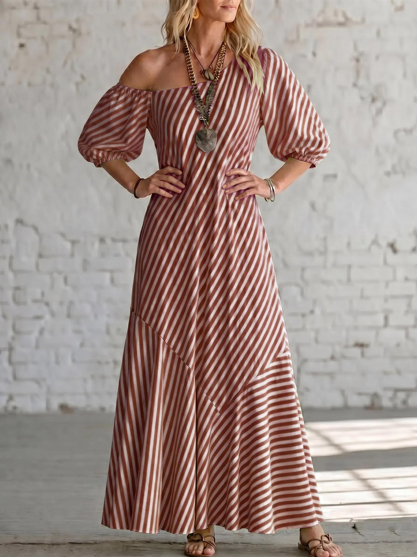 2026 Summer Asymmetric One Shoulder Striped Maxi Dress, Puff Short Sleeve, Irregular Hem, Casual Beach Sundress for Coastal Vacation  house dress Casual Wear Piece