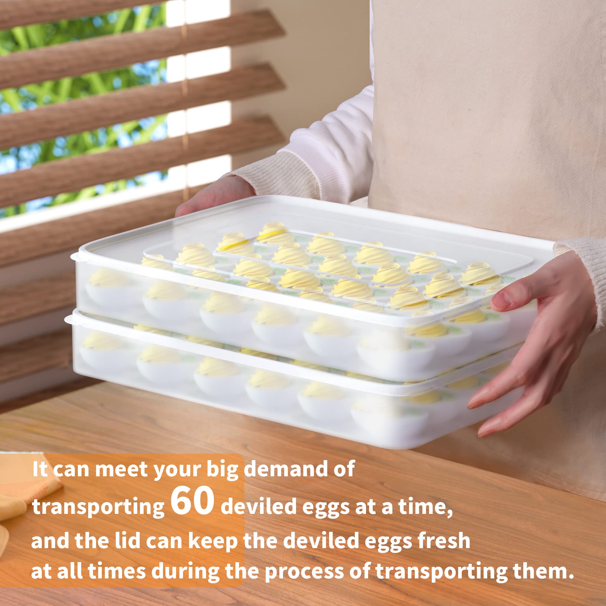 Deviled Egg Containers with Lid, (Set of 2), Plastic Deviled Egg Carrier Tray for 60 Eggs, Clear Storage Egg Holder for Refrigerator, Fridge Stackable Countertop Portable Egg Dispenser Kitchen Transparent