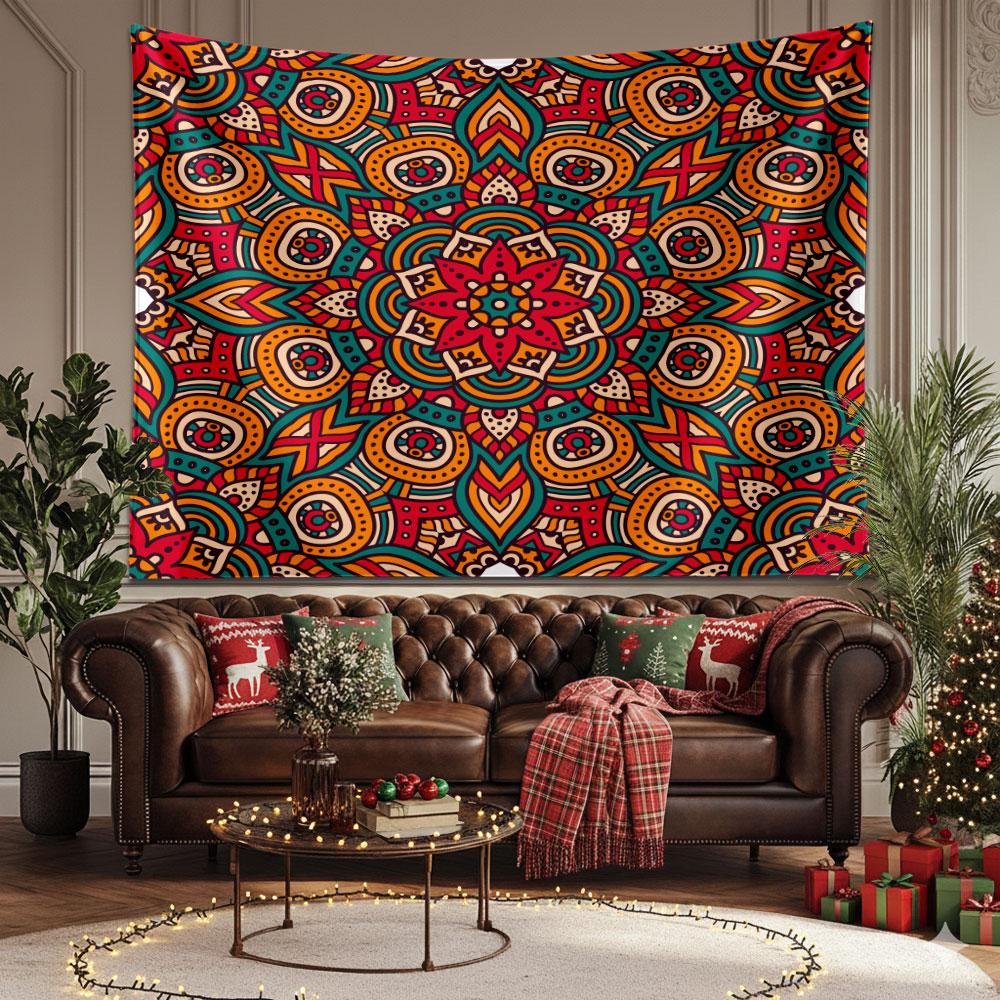 Indian Ethnic Tapestry, Red Mandala Wall Art for Living Room, Festive Backdrop
