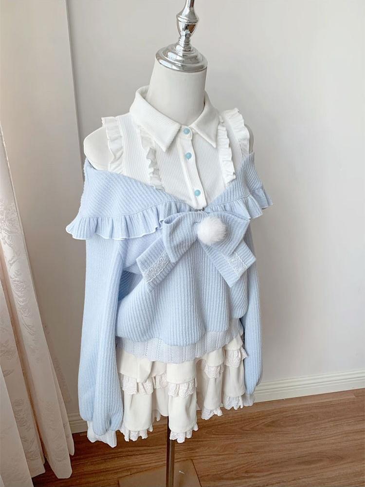 New Cute Slim Harajuku Autumn Outfits 2025 Japanese Sweet Lolita Kawaii 2 Piece Set Women Bow Patchwork Tops+ Cake Ruffle Skirts