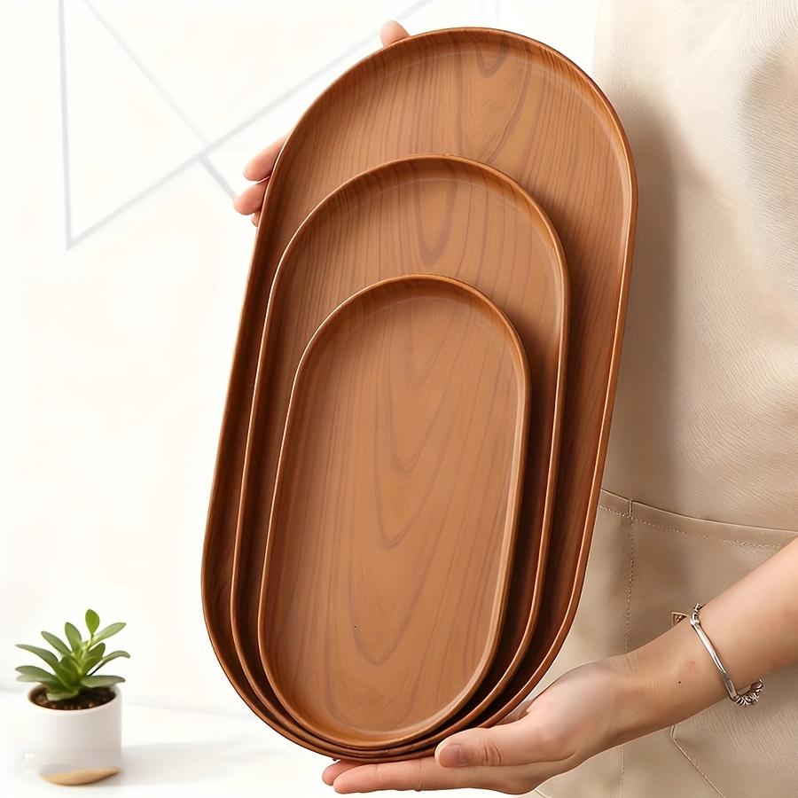 3 Piece Large Tray Set, Snack Trays, Tea Cup Trays, Salad Serving Plates, Faux Wood Grain Modern Design, Stackable Reusable Plastic Trays, Easy Clean