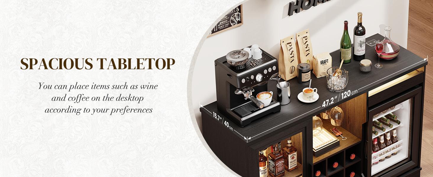 MIIFUNY Coffee Bar Cabinet with Fridge, Liquor Cabinet with LED Lights & Glass Holder, Mini Fridge Cabinet with Wine Storage, Human Body Sensor, Sideboard Buffet Table for Kitchen Dining Room, Black