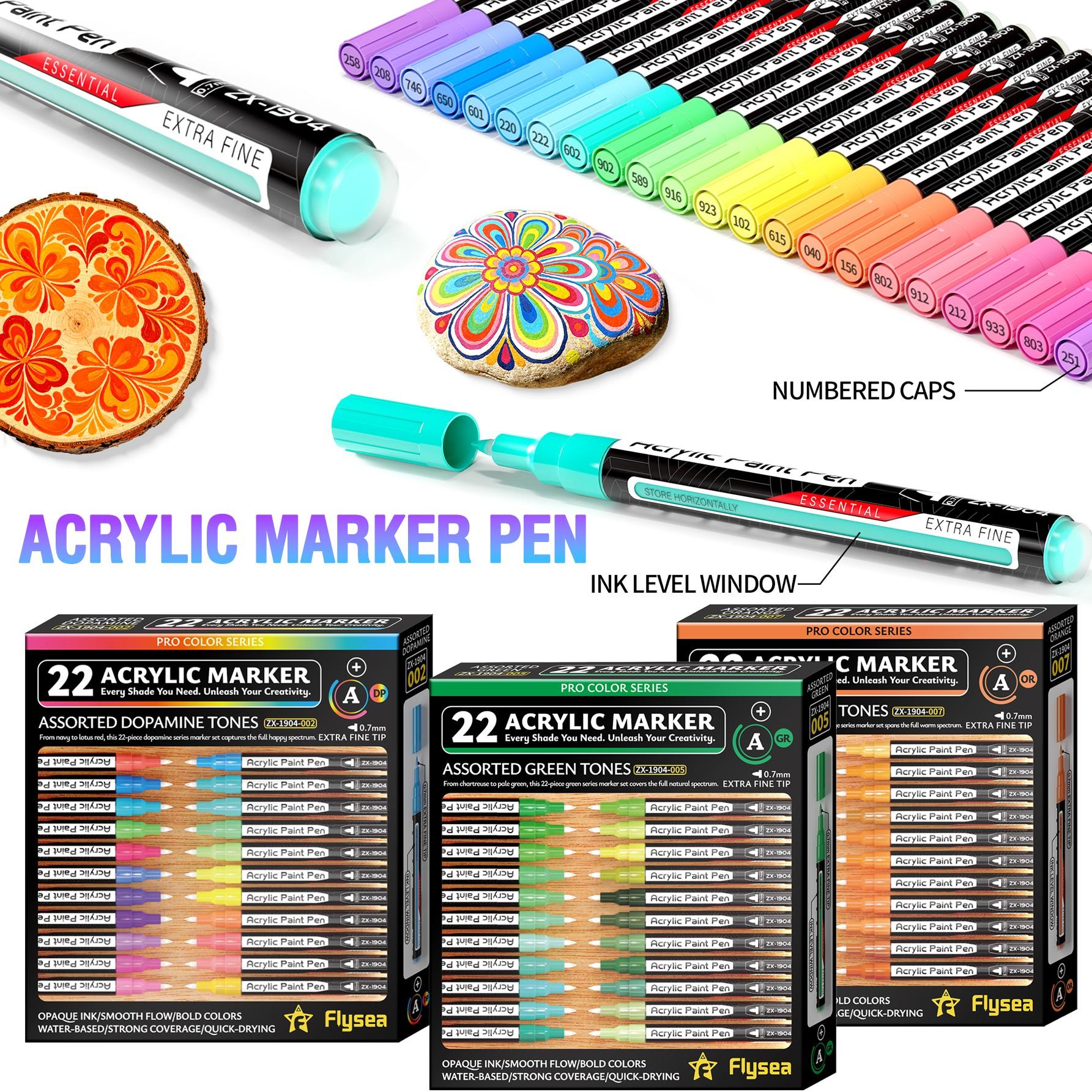 Flysea Acrylic Paint Markers, Multipurpose Marker Pen, 22-Piece Set, Fine Tip 0.7mm, Quick-Drying, Non-Blotchy, Ideal for Stone, Wood, Metal, Glass, Canvas, DIY Crafts